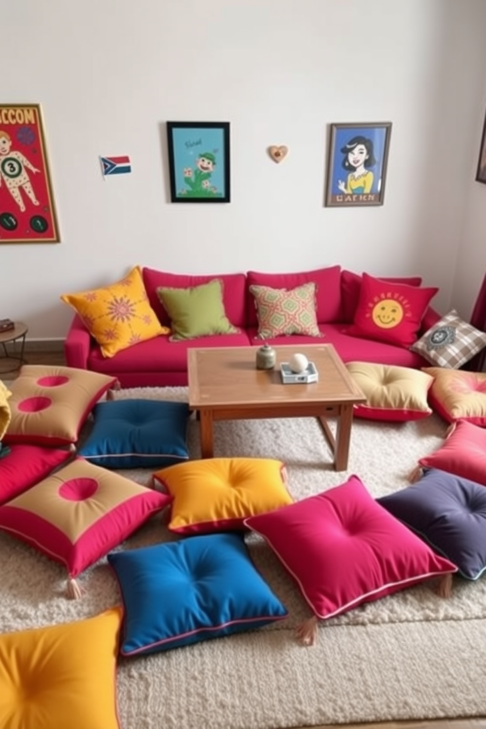 A cozy game room setting featuring vibrant floor cushions scattered around a low coffee table. The walls are adorned with playful artwork and the floor is covered with a soft area rug to enhance comfort and style.