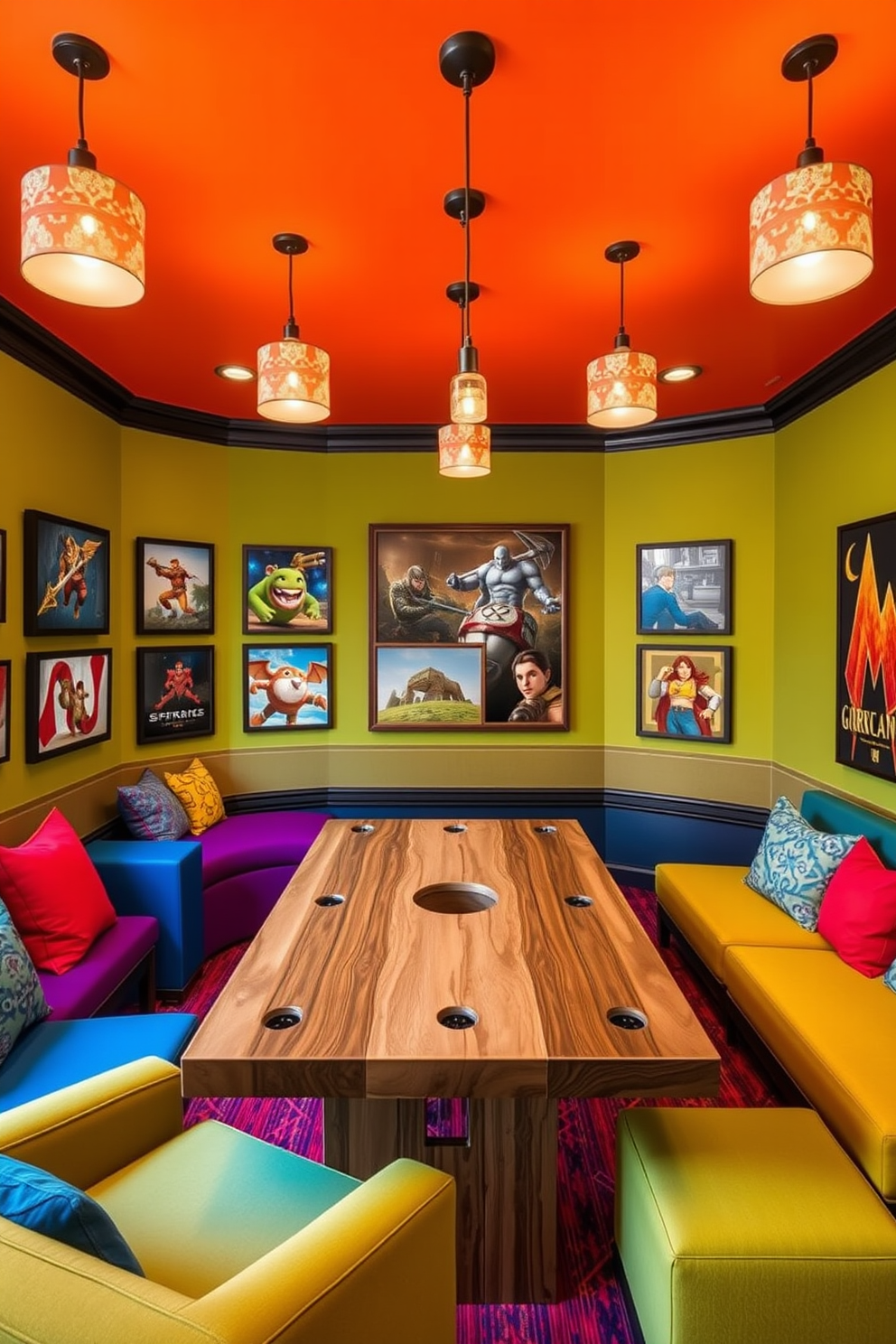 A vibrant game room designed for entertainment and relaxation. The space features a large custom-built game table at the center, surrounded by comfortable seating in bold colors. Walls are adorned with framed artwork showcasing various game themes, creating an immersive atmosphere. Soft lighting fixtures hang from the ceiling, providing a warm glow that invites friends and family to gather and enjoy.