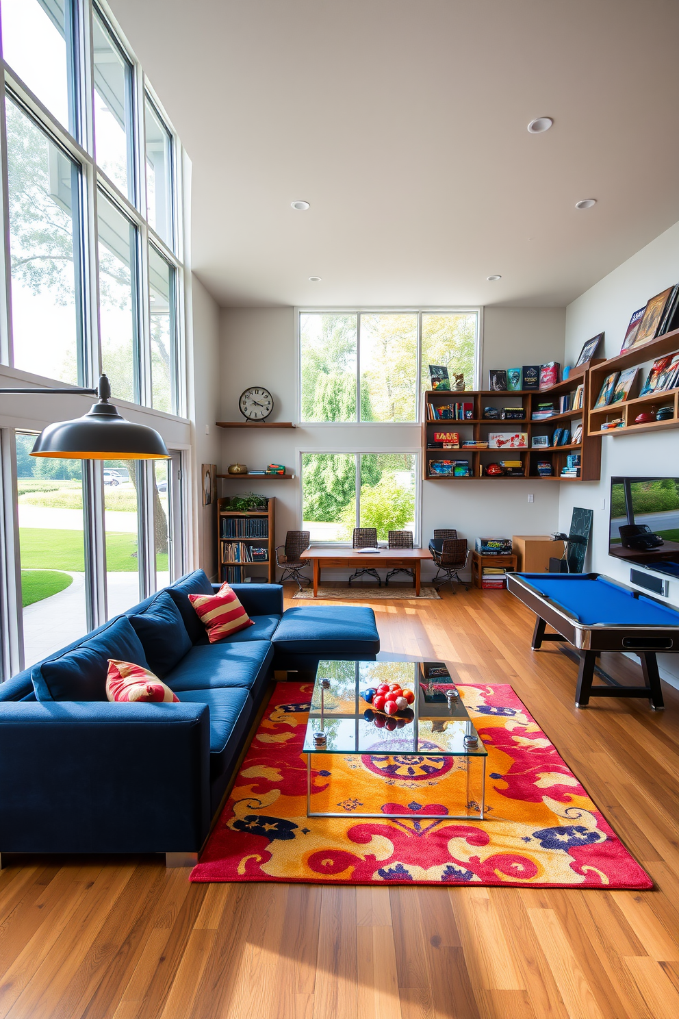 A vibrant game room filled with natural light streaming through large floor-to-ceiling windows. The space features a plush sectional sofa in a rich navy color, complemented by a sleek glass coffee table and a colorful area rug. On one side, a stylish pool table is framed by modern pendant lighting, while a wall-mounted TV provides entertainment. Shelves filled with board games and sports memorabilia add a personal touch to the room's playful atmosphere.