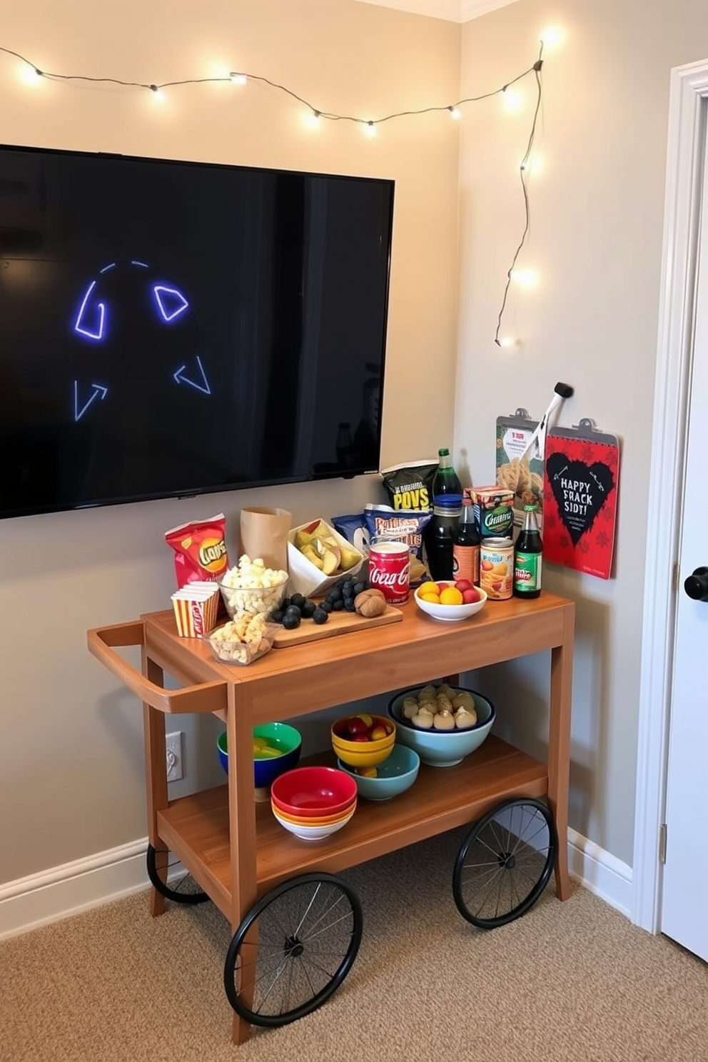 A cozy game night snack station is set up in the corner of the game room. It features a sleek wooden cart with an array of snacks and drinks, including popcorn, chips, and soda. The cart is adorned with colorful bowls and a small cutting board for fresh fruits. Soft string lights hang above, creating a warm and inviting atmosphere perfect for game night.