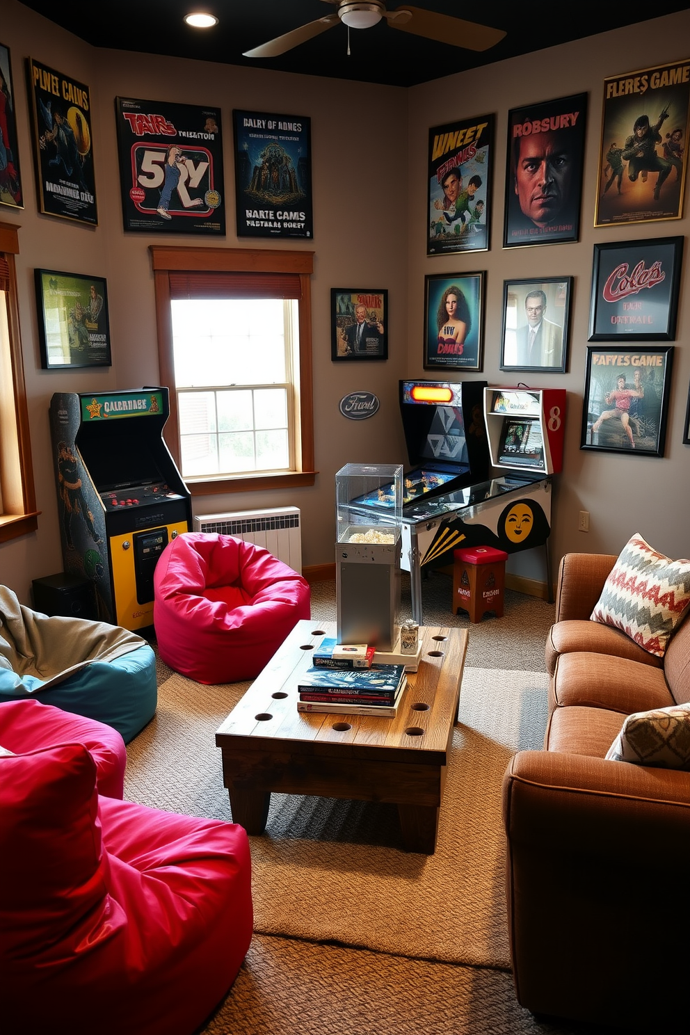 A cozy game room filled with retro furniture that evokes a sense of nostalgia. The room features a vintage arcade machine in the corner, paired with a classic pinball machine, surrounded by colorful bean bags and a plush retro sofa. The walls are adorned with framed posters of iconic video games and classic movies from the 80s. A low coffee table made of reclaimed wood sits in the center, topped with a stack of board games and a retro popcorn machine.