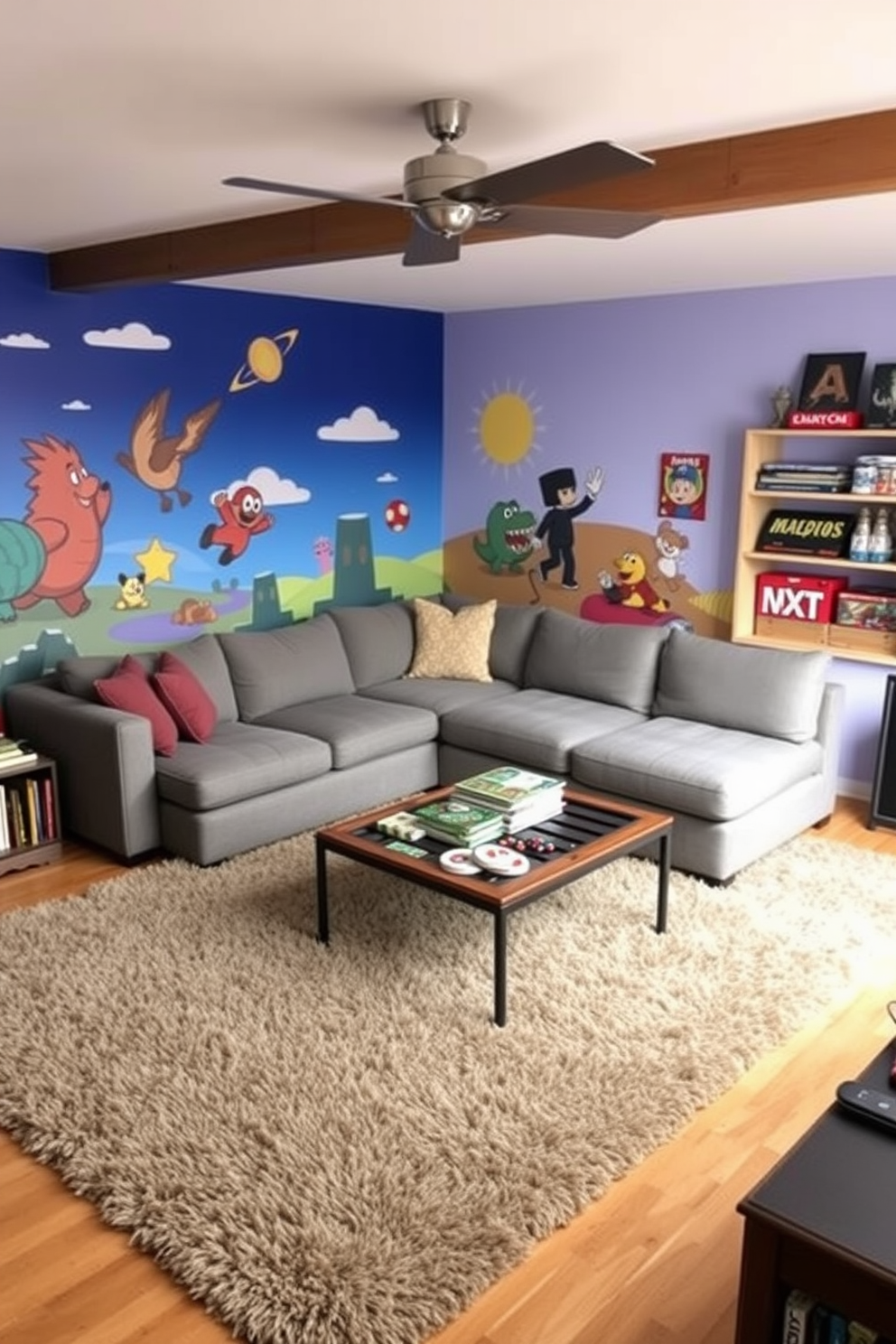 Create a cozy game room featuring plush area rugs that provide warmth and comfort underfoot. The space should include a large sectional sofa, a coffee table, and a vibrant wall mural that reflects a playful atmosphere. Incorporate a mix of soft textures and bold colors to enhance the inviting feel of the room. Add a game table and shelves filled with board games to encourage fun and interaction among friends and family.