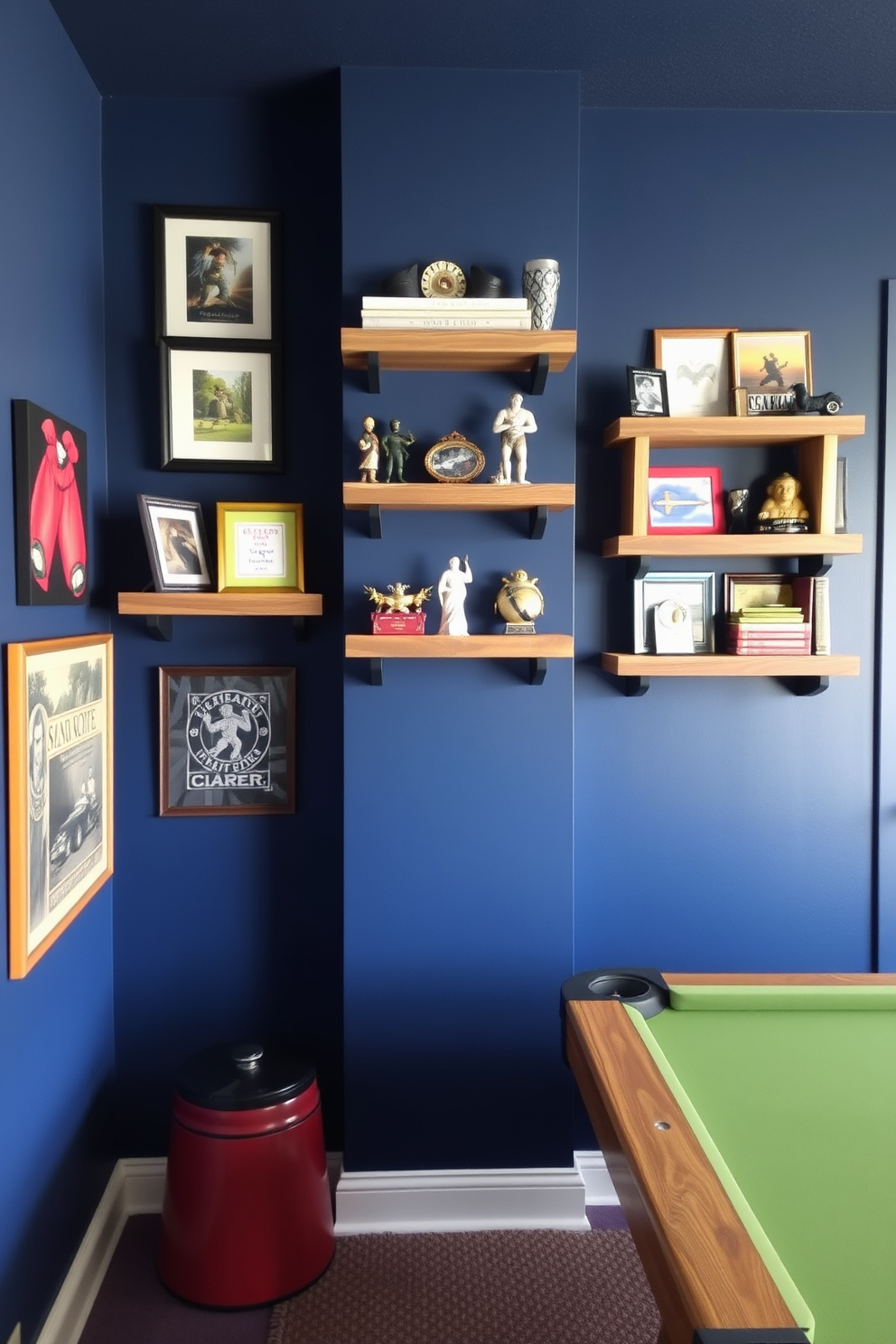 A vibrant game room featuring wall shelves that elegantly display a variety of collectibles. The walls are painted in a deep navy blue, creating a cozy atmosphere, while the shelves are crafted from reclaimed wood, adding a rustic charm.