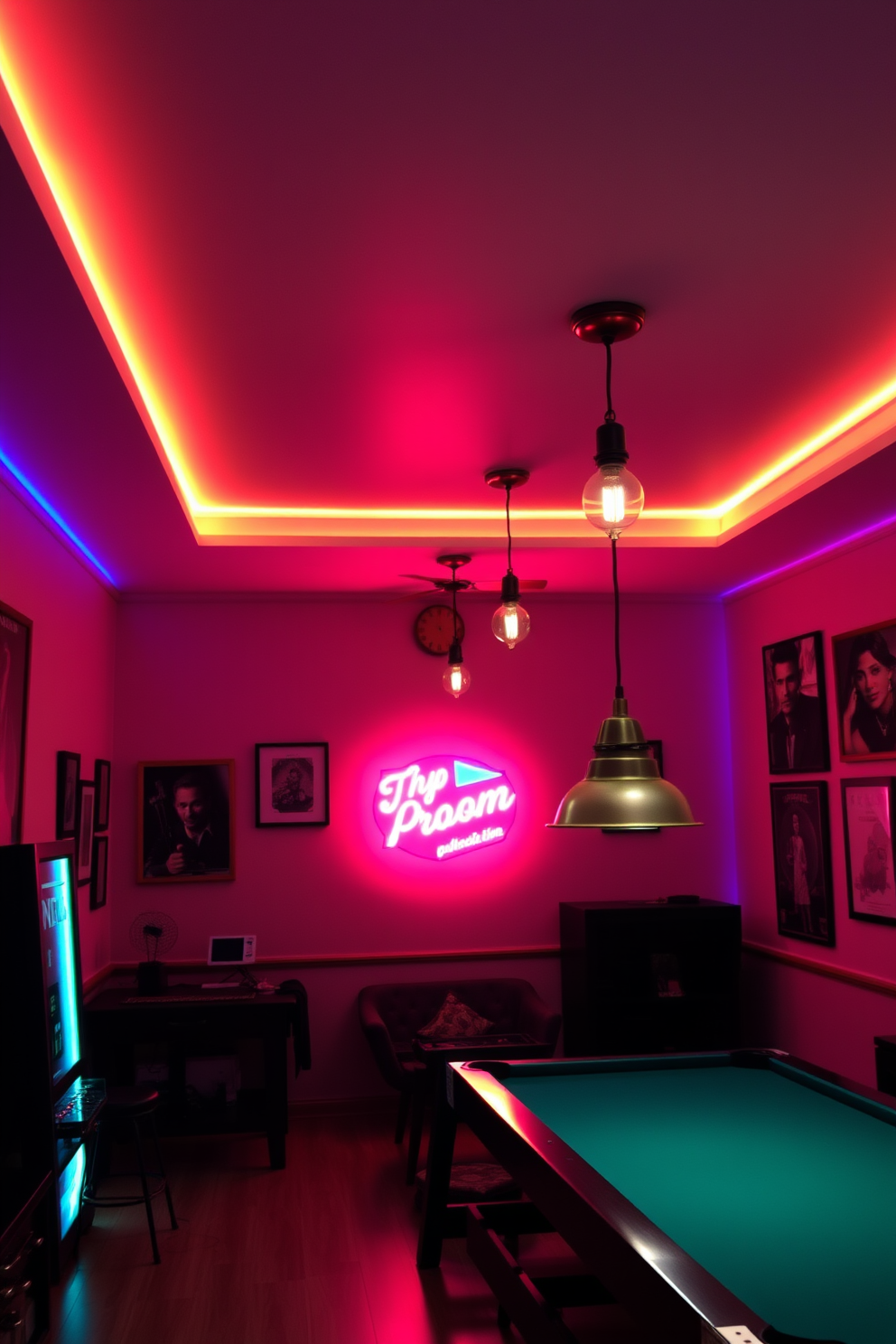 The game room features a variety of themed lighting fixtures that enhance the overall ambiance. Soft LED strip lights in vibrant colors outline the ceiling, while vintage pendant lights hang above the gaming tables. In one corner, a neon sign adds a playful touch, illuminating the space with a warm glow. The walls are adorned with framed artwork and posters, creating an inviting atmosphere for friends and family to enjoy.