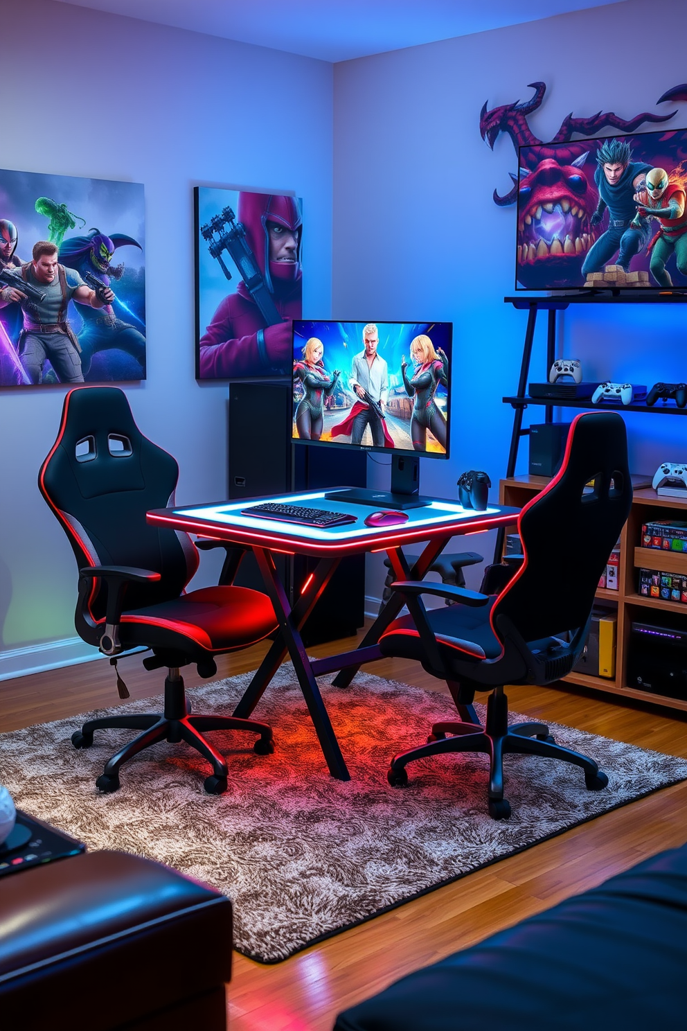 A modern portable gaming station features a sleek foldable desk with built-in LED lighting. Comfortable ergonomic chairs surround the setup, providing flexibility for gaming sessions anywhere in the room. The game room is designed with vibrant wall art showcasing iconic video game characters. A plush area rug adds warmth, while shelves display an impressive collection of gaming consoles and accessories.