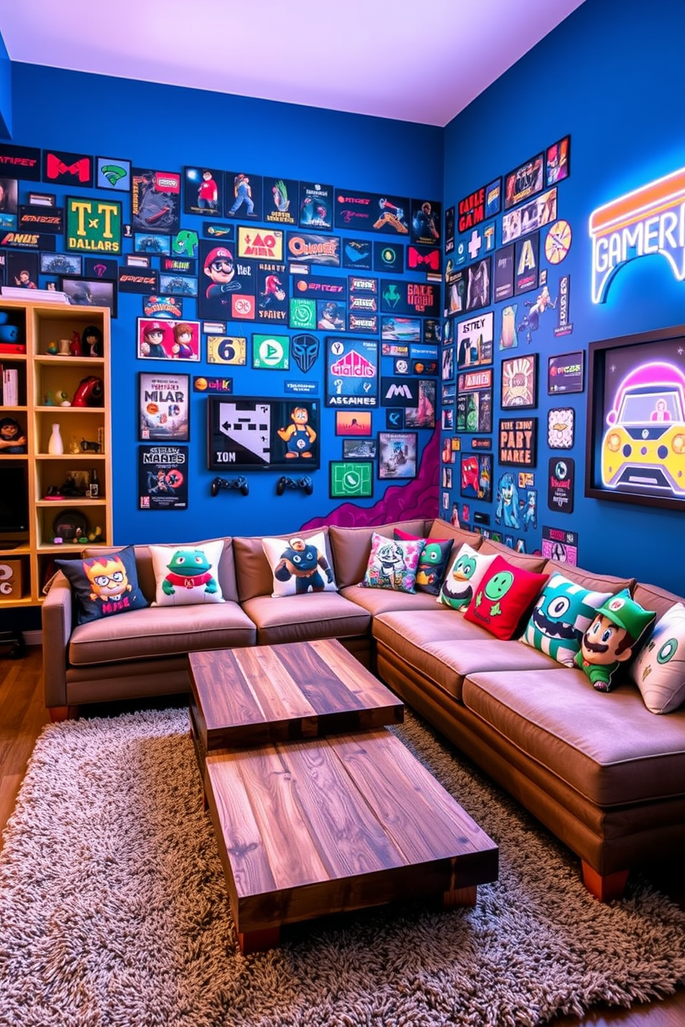 A vibrant game room featuring a wall dedicated to a popular video game theme. The room includes a large sectional sofa adorned with cushions that reflect game characters and a sleek coffee table made from reclaimed wood. On one side, a custom-built shelving unit displays collectibles and game memorabilia, while a neon sign illuminates the space with a playful glow. The walls are painted in a rich blue hue, and the floor is covered with a plush area rug that adds comfort for extended gaming sessions.