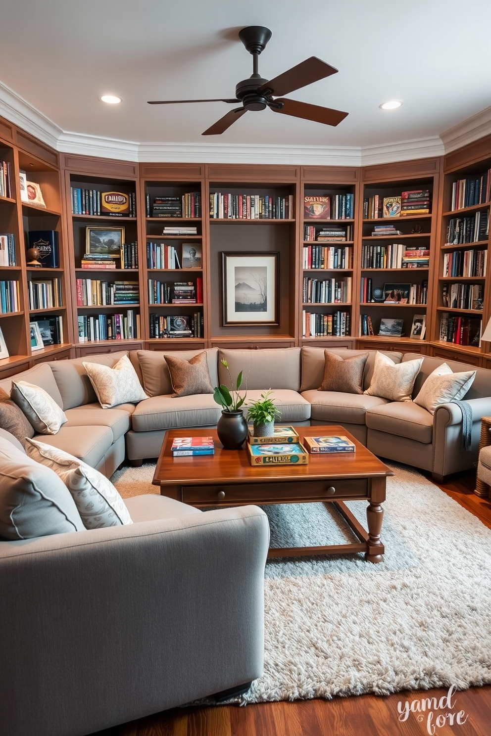 A cozy game room library designed for relaxation. It features a large sectional sofa in a soft fabric, surrounded by built-in bookshelves filled with a variety of books and games. A vintage wooden coffee table sits in the center, adorned with a selection of board games and a decorative plant. Soft ambient lighting creates a warm atmosphere, while a plush area rug adds comfort underfoot.