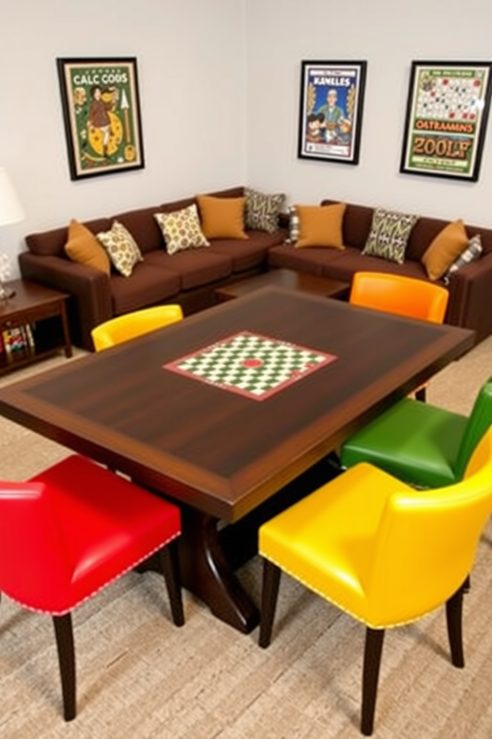 A stylish game room featuring a multi-purpose table designed for board games. The table is crafted from dark wood with a smooth finish, surrounded by comfortable upholstered chairs in vibrant colors. On one side of the room, a cozy seating area includes a sectional sofa adorned with plush throw pillows. The walls are decorated with framed artwork of classic board games, creating an inviting atmosphere for friends and family.