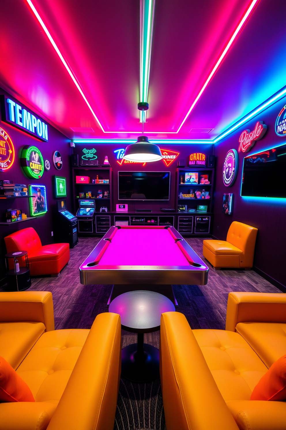 A dynamic game room filled with neon lights creates an energetic and vibrant atmosphere. The walls are adorned with colorful neon signs that illuminate the space, enhancing the playful vibe. The room features a sleek pool table at the center, surrounded by comfortable lounge seating in bold colors. A large screen is mounted on one wall, perfect for gaming and movie nights, while LED strip lights highlight the edges of the shelves filled with games and collectibles.