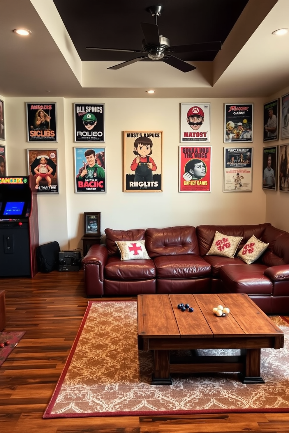 Create a game room that exudes a vintage charm. The walls are adorned with classic posters featuring retro video games and movie icons, creating a nostalgic atmosphere. Incorporate a comfortable sectional sofa in rich leather, paired with a rustic wooden coffee table. Add a vintage arcade machine in one corner and a pool table with a distressed finish in the center of the room.