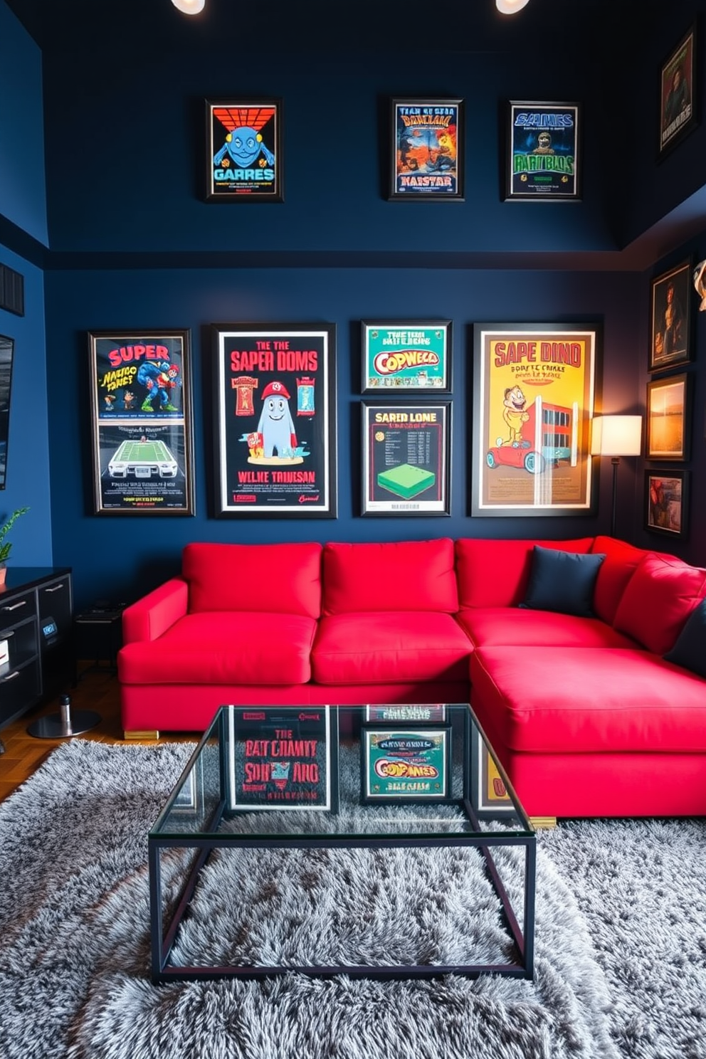 A vibrant game room designed for ultimate entertainment. The walls are painted in a deep navy blue, adorned with framed posters of classic video games, creating a nostalgic atmosphere. In the center, a large sectional sofa in a bold red hue offers ample seating for friends. A sleek coffee table made of glass and metal sits atop a plush area rug, providing a comfortable space for snacks and drinks.