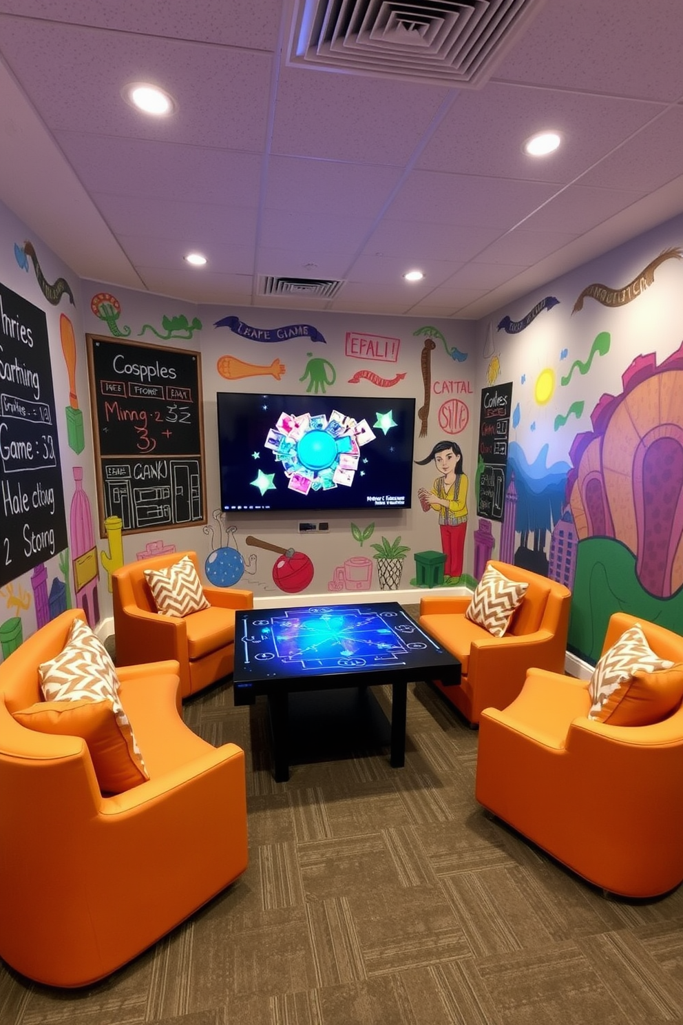 A vibrant game room filled with interactive wall art that invites participation and creativity. The walls are adorned with colorful murals that incorporate chalkboard sections for drawing and game scoring. In one corner, a large digital screen displays dynamic artwork that changes based on user interaction. Comfortable seating options are arranged around a central table, encouraging social interaction and gaming activities.