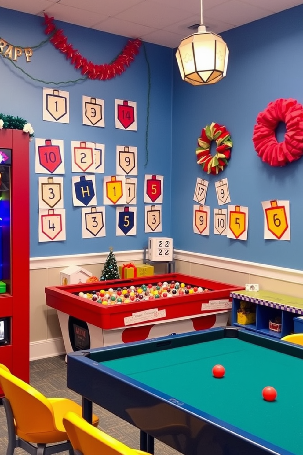 A vibrant game room featuring a festive dreidel-themed wall art display. The walls are adorned with colorful dreidel prints and holiday decorations, creating a cheerful atmosphere for Hanukkah celebrations.