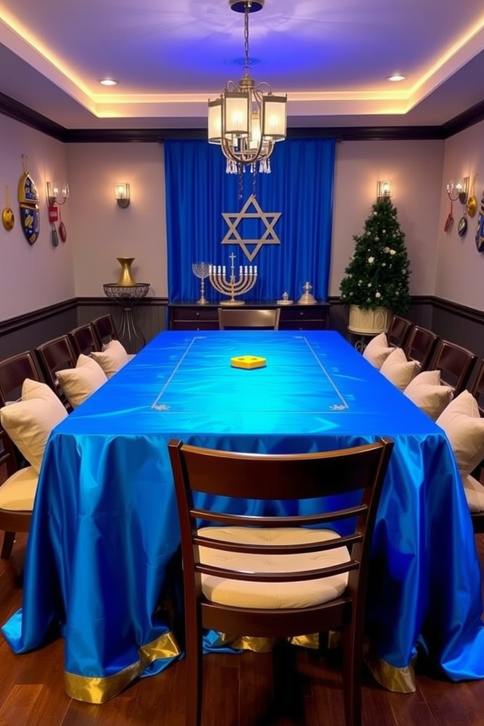 A bright blue tablecloth drapes elegantly over a large game table, adorned with gold accents that catch the light. Surrounding the table are comfortable chairs, each with plush cushions, creating a festive and inviting atmosphere for game nights during Hanukkah. The room is decorated with playful Hanukkah-themed ornaments, including dreidels and menorahs, adding to the cheerful ambiance. Soft lighting from stylish fixtures casts a warm glow, enhancing the vibrant colors and creating a cozy gathering space.