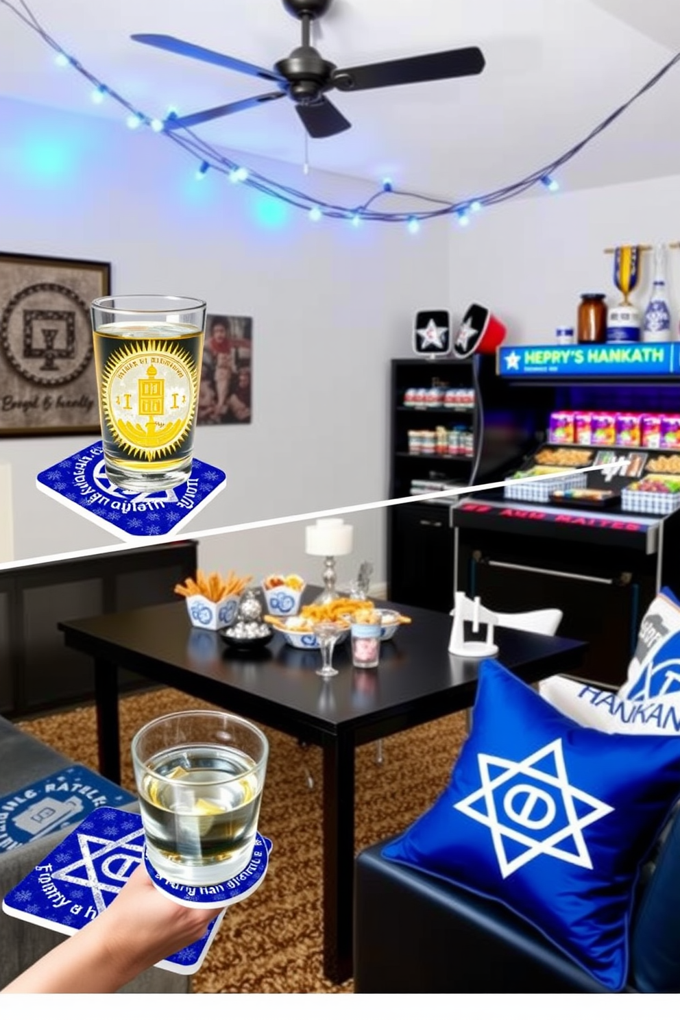 Decorative Hanukkah-themed coasters for drinks. The coasters feature vibrant blue and silver designs with traditional symbols like dreidels and menorahs. Game room Hanukkah decorating ideas. The space includes string lights in blue and white, a festive table with Hanukkah-themed snacks, and a cozy seating area adorned with themed cushions.