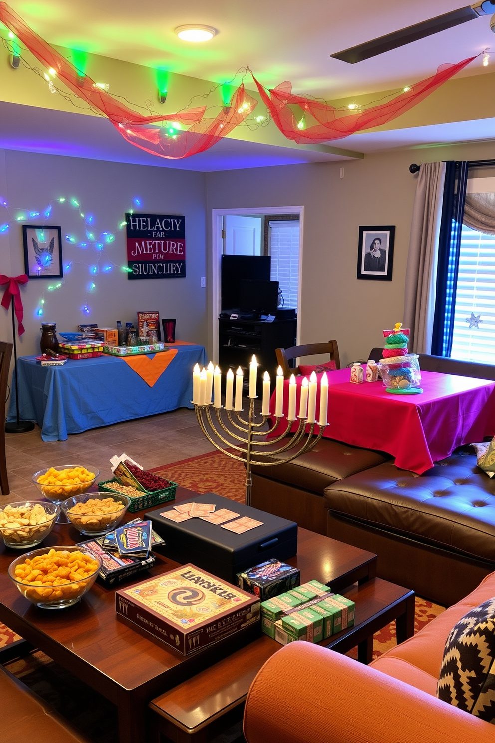 A creative snack bar is set up with colorful festive decorations. There are vibrant tablecloths, twinkling lights, and an assortment of delicious snacks displayed in elegant bowls. The game room features a cozy atmosphere with Hanukkah-themed decor. A large menorah sits on the coffee table, surrounded by playful games and comfy seating for family gatherings.