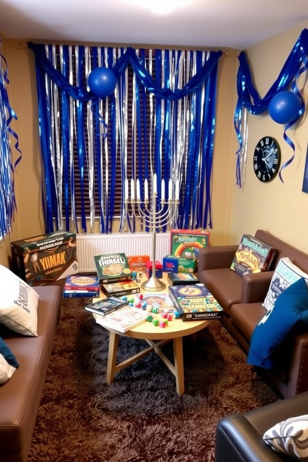 A cozy game room adorned with Hanukkah decorations. The walls are draped with blue and silver streamers, and a large menorah sits on a table surrounded by various Hanukkah-themed board games. A festive atmosphere is created with a plush area rug and comfortable seating. Colorful dreidels and gelt are scattered across the table, inviting guests to join in the fun.