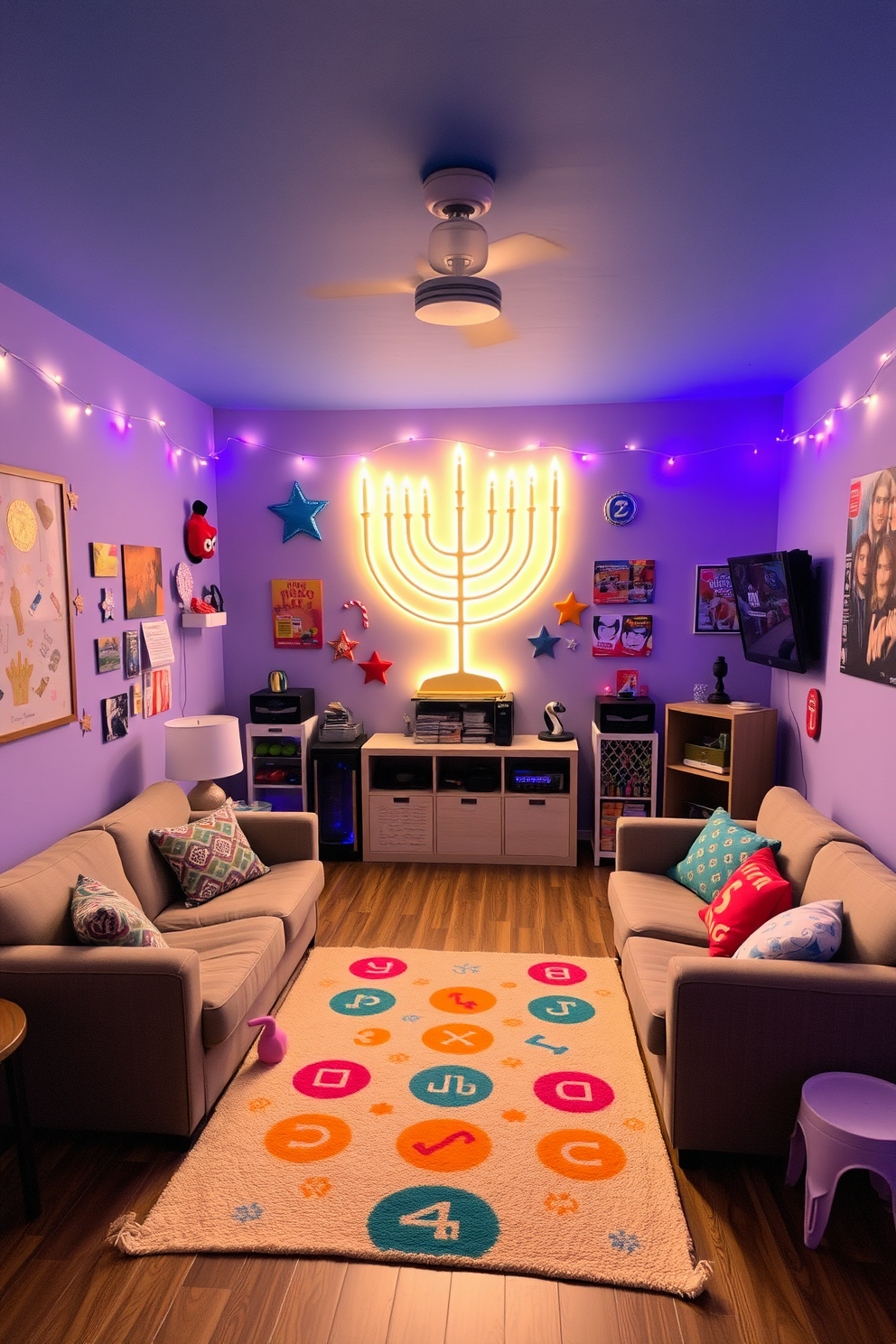 A vibrant game room designed for Hanukkah celebrations. The light-up menorah serves as the focal point, surrounded by colorful decorations and cozy seating. The walls are adorned with festive artwork and string lights, creating a warm and inviting atmosphere. A large, comfortable sofa is positioned for relaxation, with a playful rug underneath to define the space.