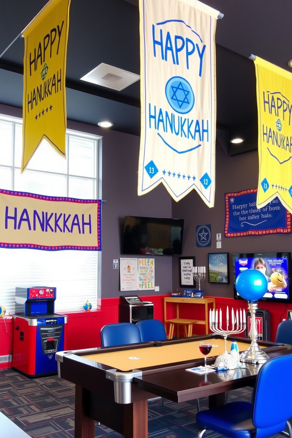 A vibrant game room decorated for Hanukkah features colorful festive banners displaying Happy Hanukkah messages. The space is filled with playful décor such as dreidels, menorahs, and blue and silver accents, creating a joyful atmosphere for family gatherings.