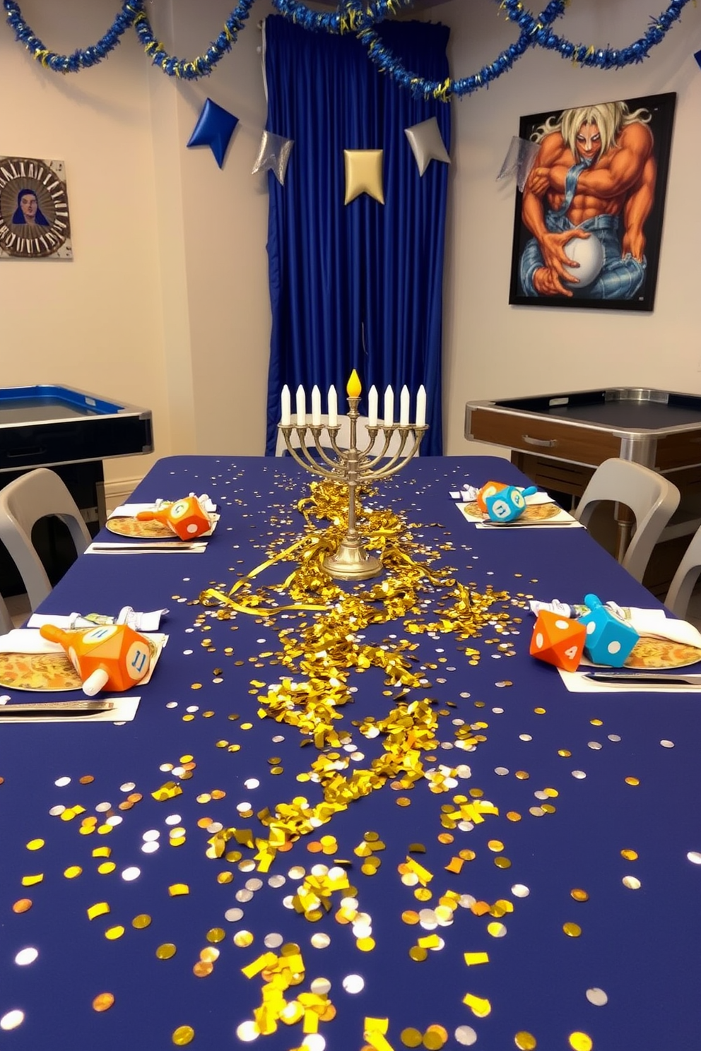 A festive game room adorned for Hanukkah features a vibrant table set with gold and silver confetti scattered across a navy blue tablecloth. Colorful dreidels and menorahs are strategically placed among the decorations, creating a joyful atmosphere for family gatherings.