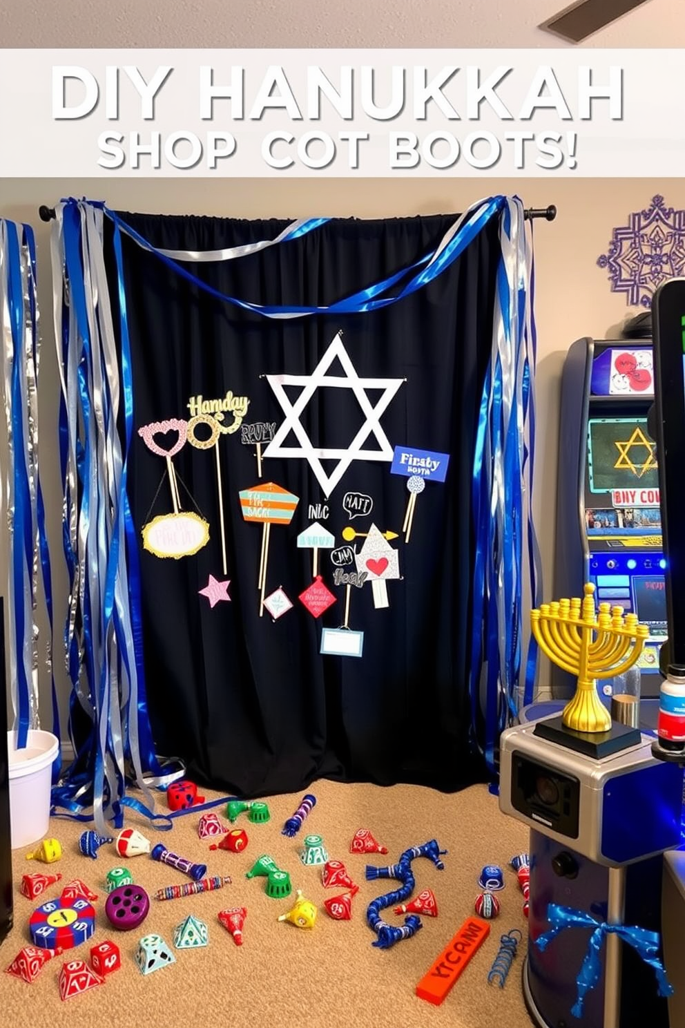 A DIY photo booth setup featuring festive Hanukkah props. The backdrop is decorated with blue and silver streamers, and a large Star of David is prominently displayed. In the game room, Hanukkah decorations bring a festive touch to the space. Colorful dreidels and menorahs are scattered around, creating a cheerful atmosphere for family and friends.