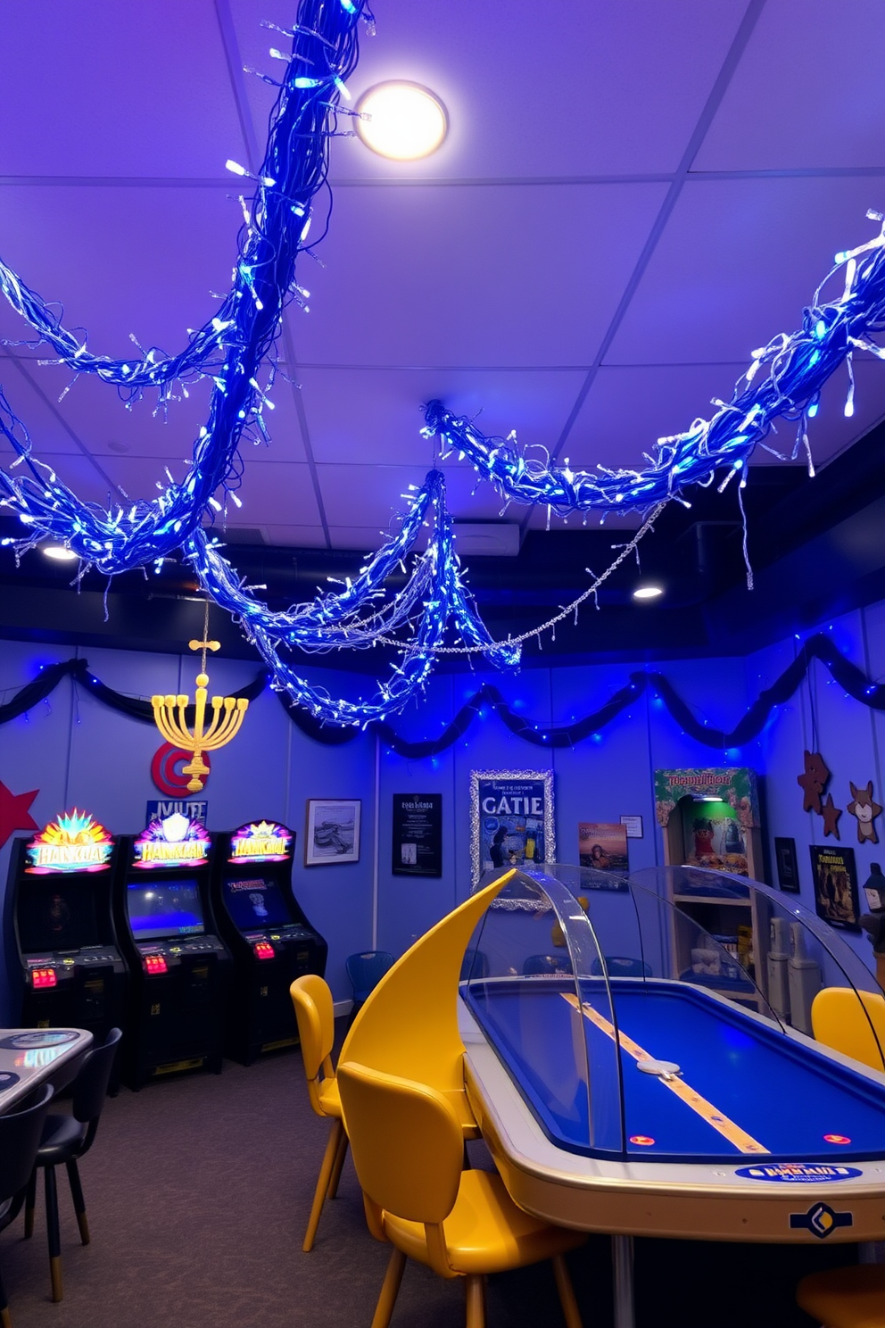 A vibrant game room decorated for Hanukkah features blue and silver string lights draped across the ceiling and around the gaming area. The walls are adorned with festive decorations, creating a cheerful and inviting atmosphere for family and friends to enjoy.