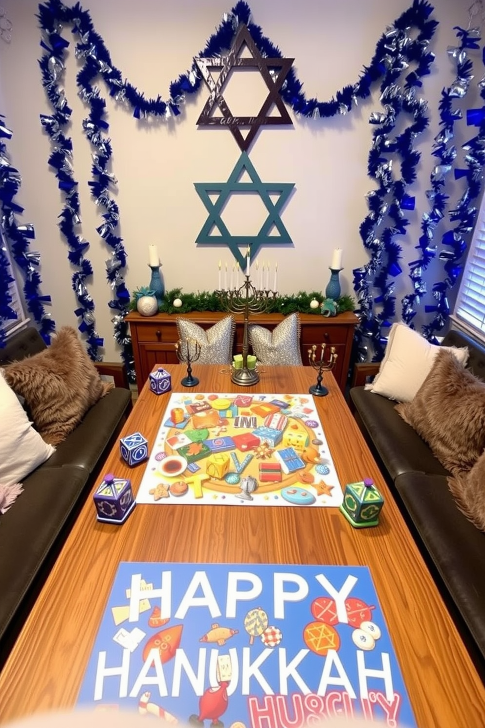 A festive game room setting for Hanukkah. The game table is adorned with a colorful puzzle featuring traditional Hanukkah symbols surrounded by decorative dreidels and menorahs. The walls are decorated with blue and silver garlands, and a large Star of David hangs prominently. Cozy seating with plush cushions invites family and friends to gather and enjoy the holiday spirit.