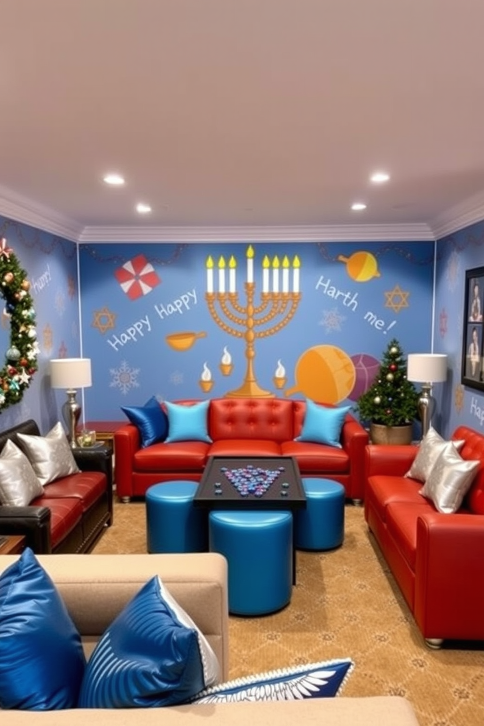 A vibrant game room featuring a custom Hanukkah-themed wall mural that showcases traditional symbols such as the menorah and dreidels. The mural is complemented by cozy seating arrangements and festive decorations, creating a cheerful atmosphere for family gatherings. The room is adorned with playful accents like blue and silver cushions, and a game table set up for lively activities. Soft lighting enhances the festive spirit, inviting everyone to enjoy the holiday celebrations together.