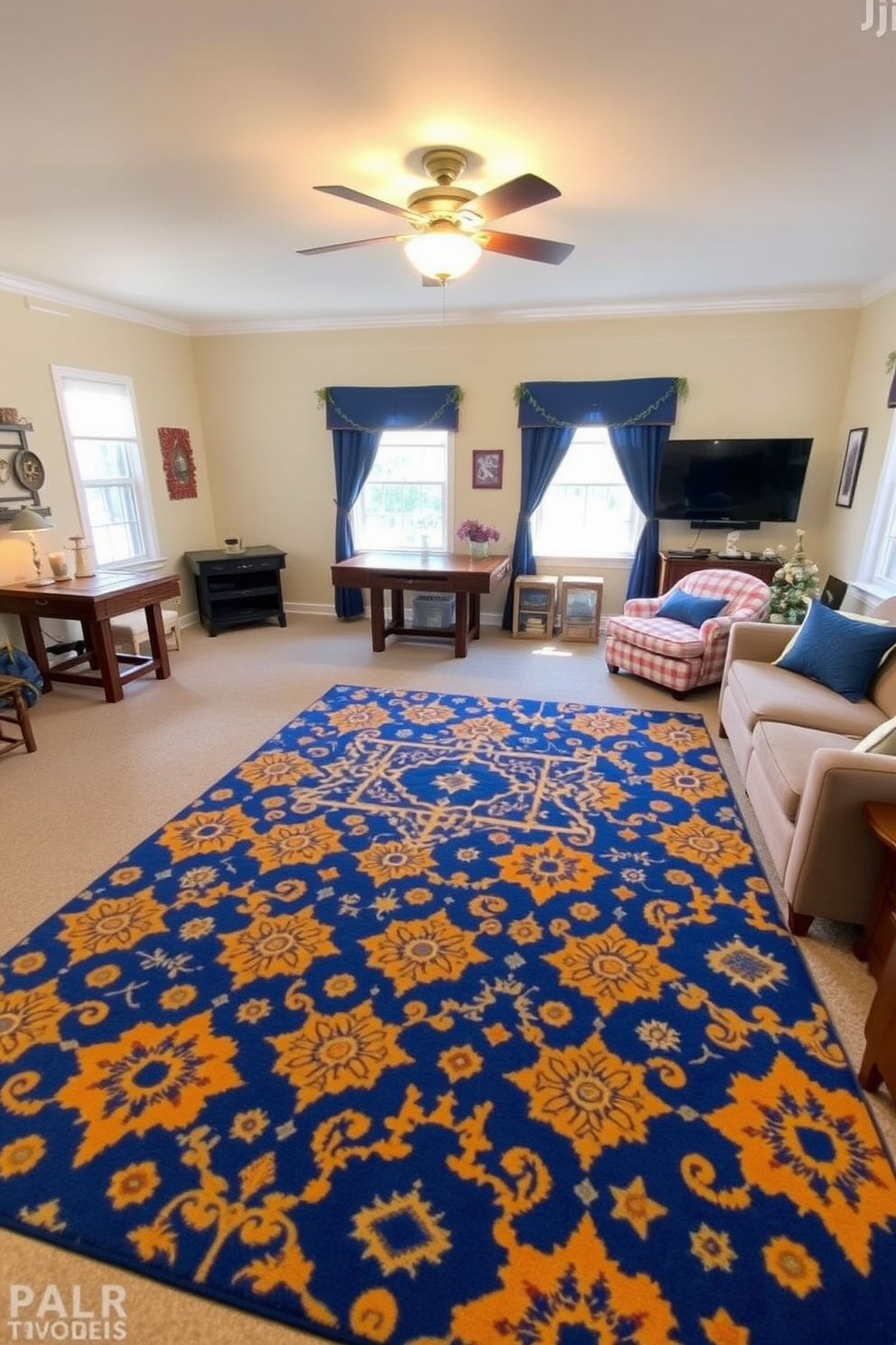 A bright and cheerful game room featuring a Hanukkah-themed area rug with vibrant blue and gold patterns. The rug is placed in the center of the room, surrounded by comfortable seating and festive decorations that celebrate the holiday spirit.