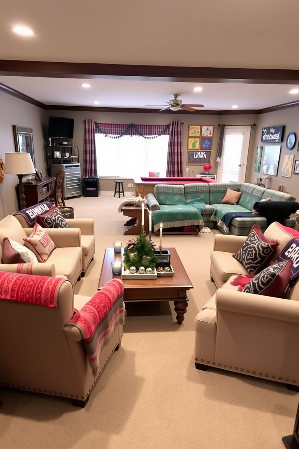 Cozy seating area with Hanukkah blankets. Soft armchairs are arranged around a low wooden coffee table, adorned with festive decorations and candles. Game room filled with Hanukkah spirit. A large sectional sofa is draped with colorful Hanukkah blankets, and the walls are decorated with playful holiday-themed artwork.