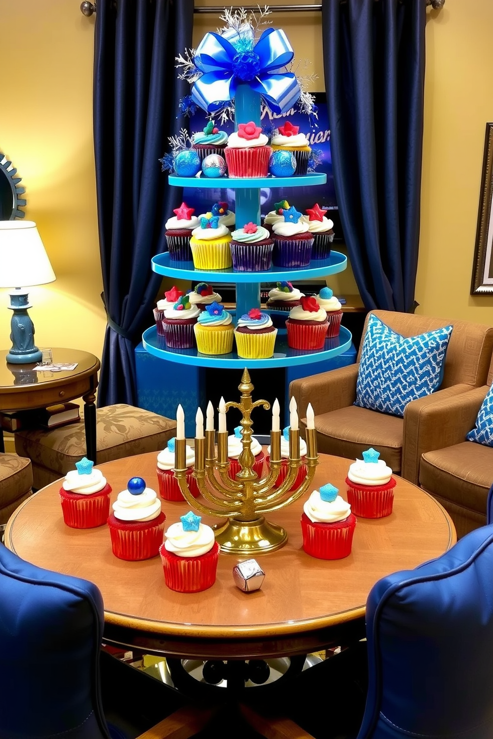 A themed cupcake stand is elegantly designed for holiday treats, featuring vibrant colors and festive decorations that capture the spirit of the season. The stand showcases an array of beautifully decorated cupcakes topped with holiday-themed designs, creating a delightful centerpiece for any celebration. The game room is transformed into a festive space with Hanukkah decorating ideas, incorporating blue and silver accents throughout the room. Cozy seating is arranged around a table adorned with menorah-themed decor, inviting friends and family to gather and enjoy games during the holiday festivities.