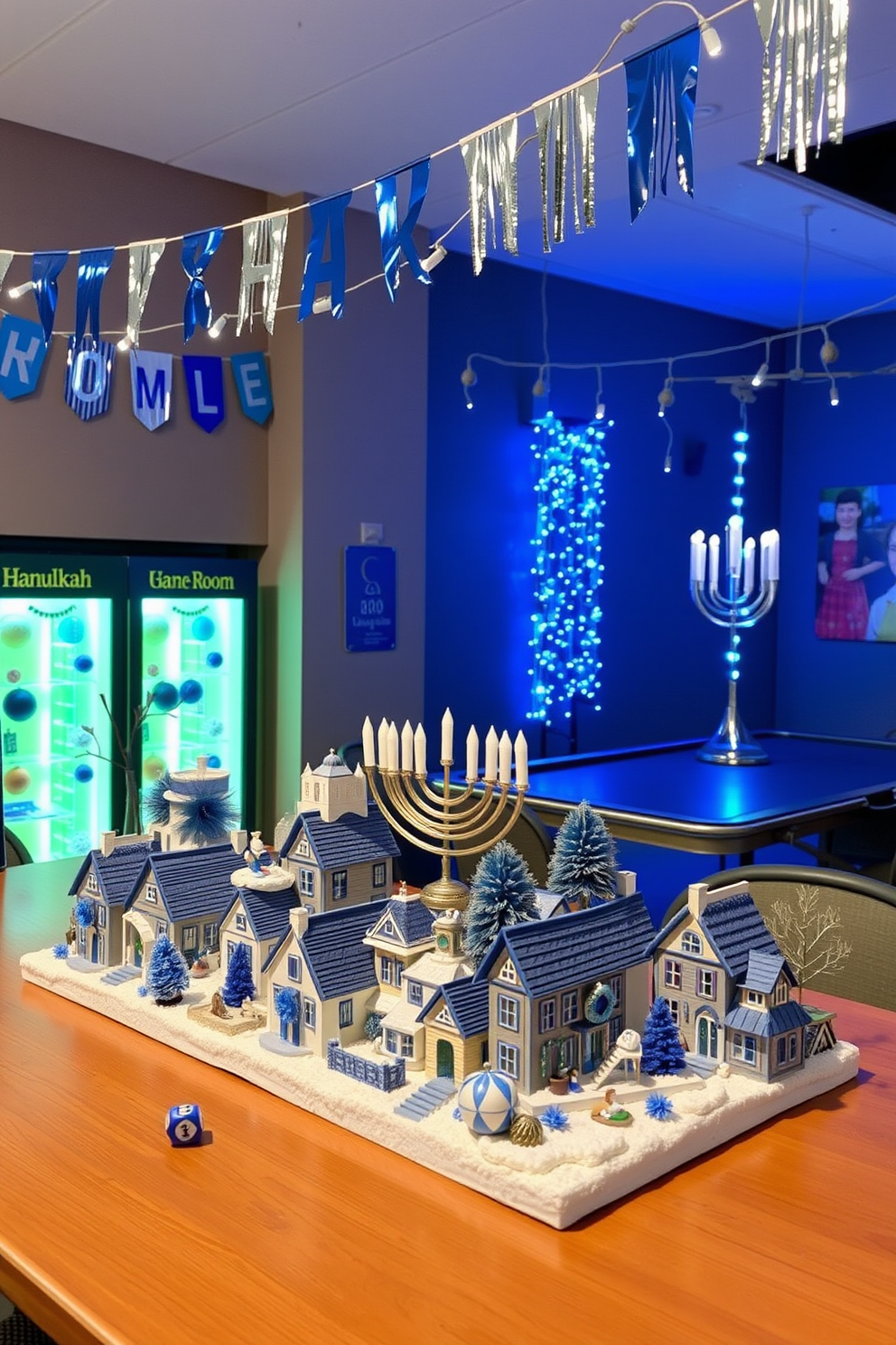 A charming miniature Hanukkah village display setup features small, intricately designed houses adorned with blue and white decorations. The scene includes tiny menorahs and dreidels scattered throughout the village, creating a festive atmosphere. The game room is transformed with Hanukkah-themed decorations, including a large menorah as a centerpiece on the table. Colorful banners and string lights in blue and silver hang from the walls, enhancing the celebratory vibe of the space.