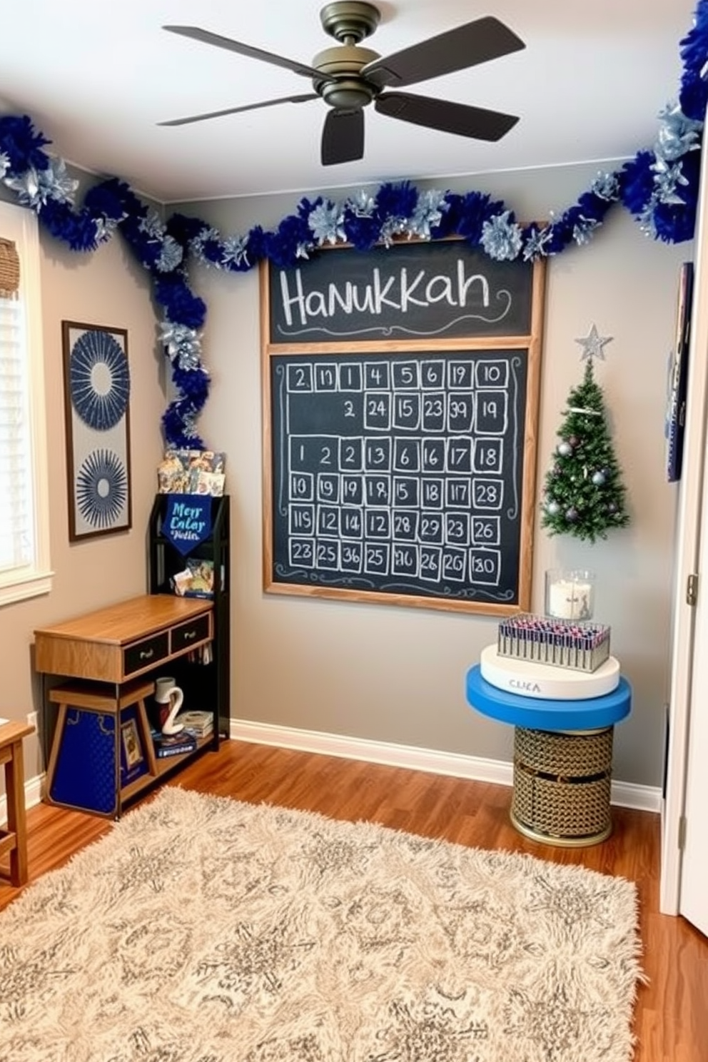 A cozy game room decorated for Hanukkah features a large chalkboard displaying a countdown calendar to the holiday. The walls are adorned with festive blue and silver decorations, and a plush area rug adds warmth to the space.