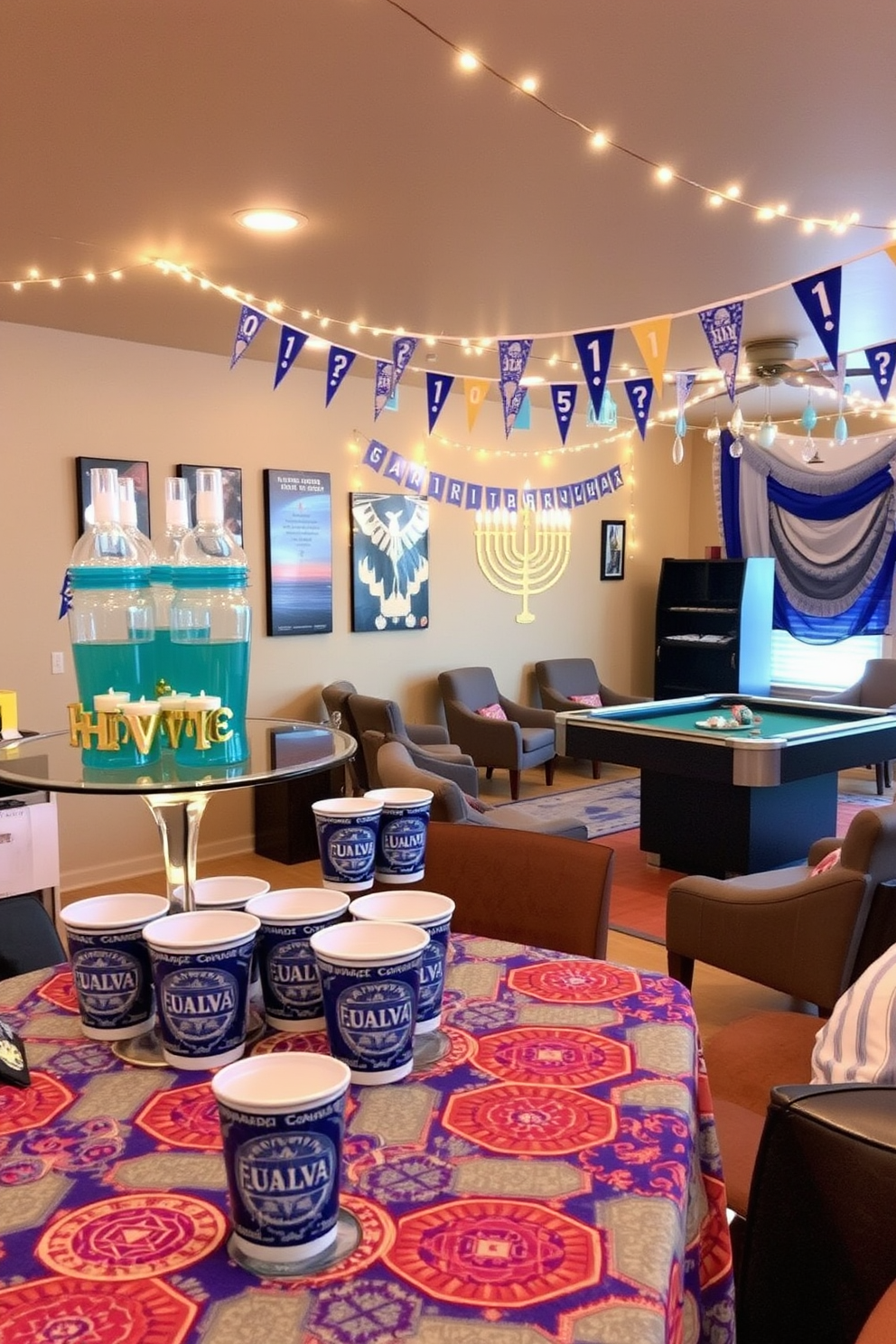 A festive drink station is set up with themed cups featuring blue and silver designs. The table is adorned with a vibrant tablecloth and decorative elements like menorahs and dreidels. The game room is transformed with Hanukkah decorating ideas that include string lights and colorful banners. Cozy seating is arranged around a table where friends can gather for games and celebrations.