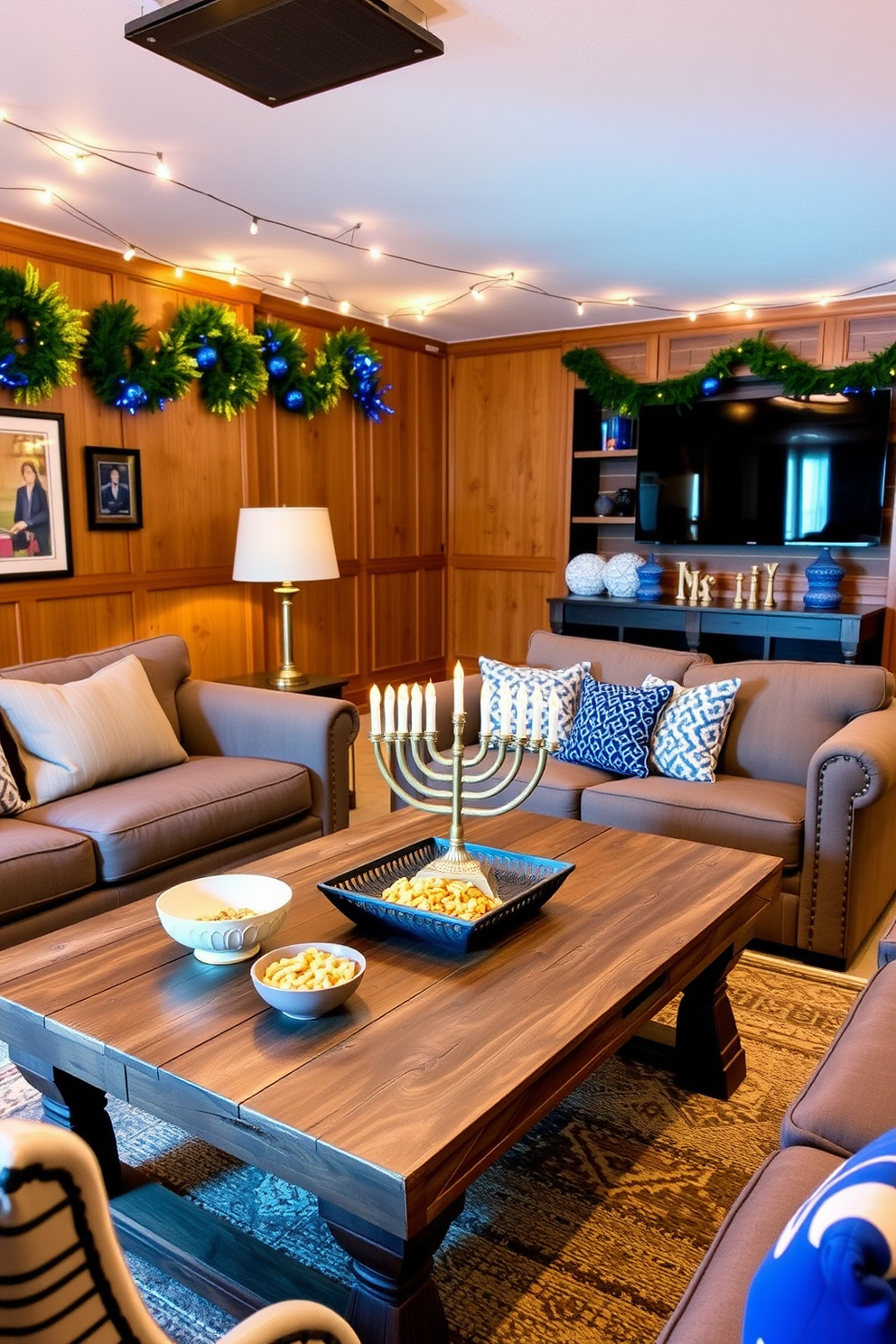 Create a cozy game room designed for Hanukkah celebrations. Incorporate decorative menorah-shaped snack bowls placed strategically on a rustic wooden coffee table surrounded by comfortable seating. Use warm lighting to enhance the festive atmosphere, with string lights draped across the ceiling. Add vibrant Hanukkah decorations, such as blue and silver accents, to create a joyful and inviting space for family and friends.