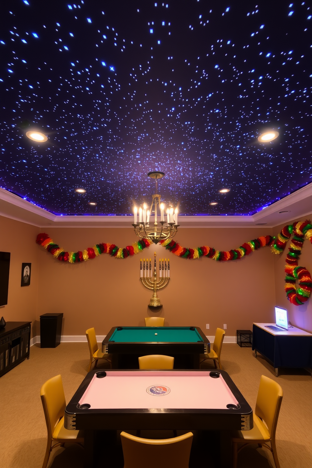 A game room designed for festive gatherings features a starry night ceiling projection that creates a magical ambiance. The walls are adorned with colorful Hanukkah decorations, including a large menorah and festive garlands, enhancing the celebratory atmosphere.