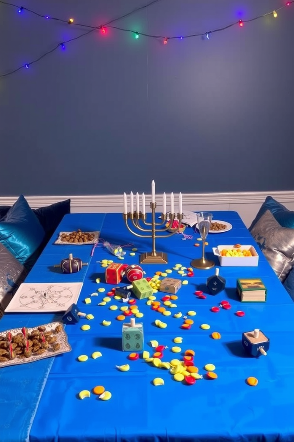 A festive game night table setup for Hanukkah. The table is adorned with a vibrant blue tablecloth and a collection of dreidels, menorahs, and gelt scattered across the surface. In the background, colorful string lights hang above, casting a warm glow. Cushions in various shades of blue and silver are arranged around the table, inviting guests to join in the fun.