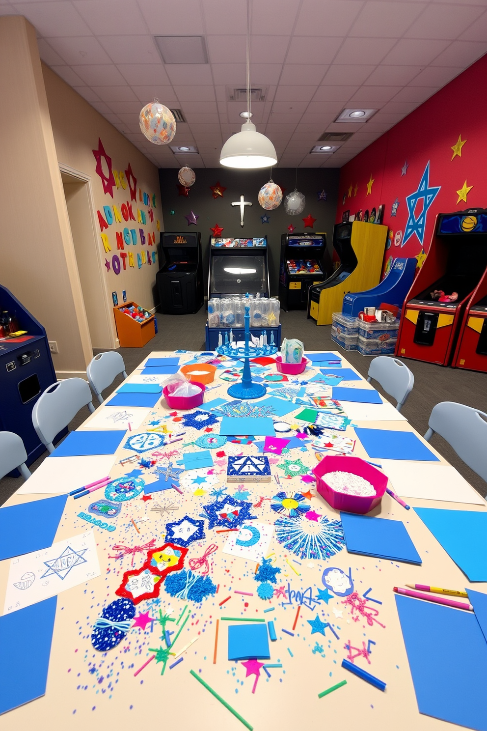 A vibrant kids corner in a game room filled with Hanukkah-themed art supplies. The space features a large table covered with colorful craft materials, including blue and white paper, glitter, and menorah stickers. Walls are adorned with handmade decorations like dreidels and Stars of David. Soft lighting creates a warm atmosphere, inviting children to explore their creativity while celebrating the holiday.