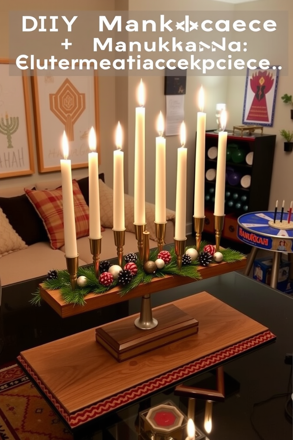 A DIY menorah centerpiece featuring elegant candles arranged on a beautifully crafted wooden base. The centerpiece is adorned with decorative elements such as greenery and festive ornaments, creating a warm and inviting atmosphere. A game room designed for Hanukkah festivities, showcasing a cozy seating area with plush cushions and a vibrant rug. The walls are decorated with playful Hanukkah-themed artwork, and a table is set up for games and activities, enhancing the celebratory spirit.