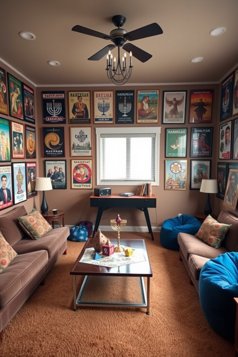 A cozy game room adorned with vintage Hanukkah posters as wall decor. The walls are filled with colorful, framed posters depicting traditional Hanukkah symbols and festive scenes, creating a warm and inviting atmosphere. Comfortable seating arrangements with plush couches and bean bags are scattered throughout the room. A large coffee table in the center is decorated with menorahs and dreidels, adding to the festive spirit of the space.