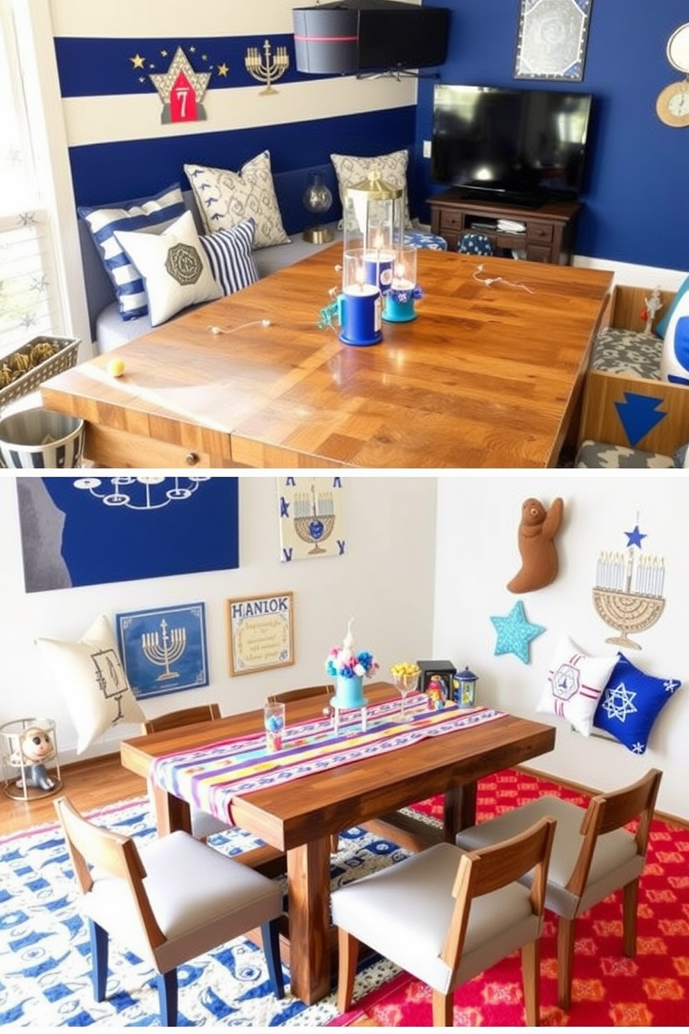 Create an interactive dreidel game station setup that features a large wooden table with a colorful tablecloth. Surround the table with comfortable seating options and include decorative elements like festive lights and Hanukkah-themed centerpieces. Design a vibrant game room that incorporates Hanukkah decorations with playful elements. Use a mix of traditional blue and white colors along with fun accessories like menorah-themed cushions and wall art.