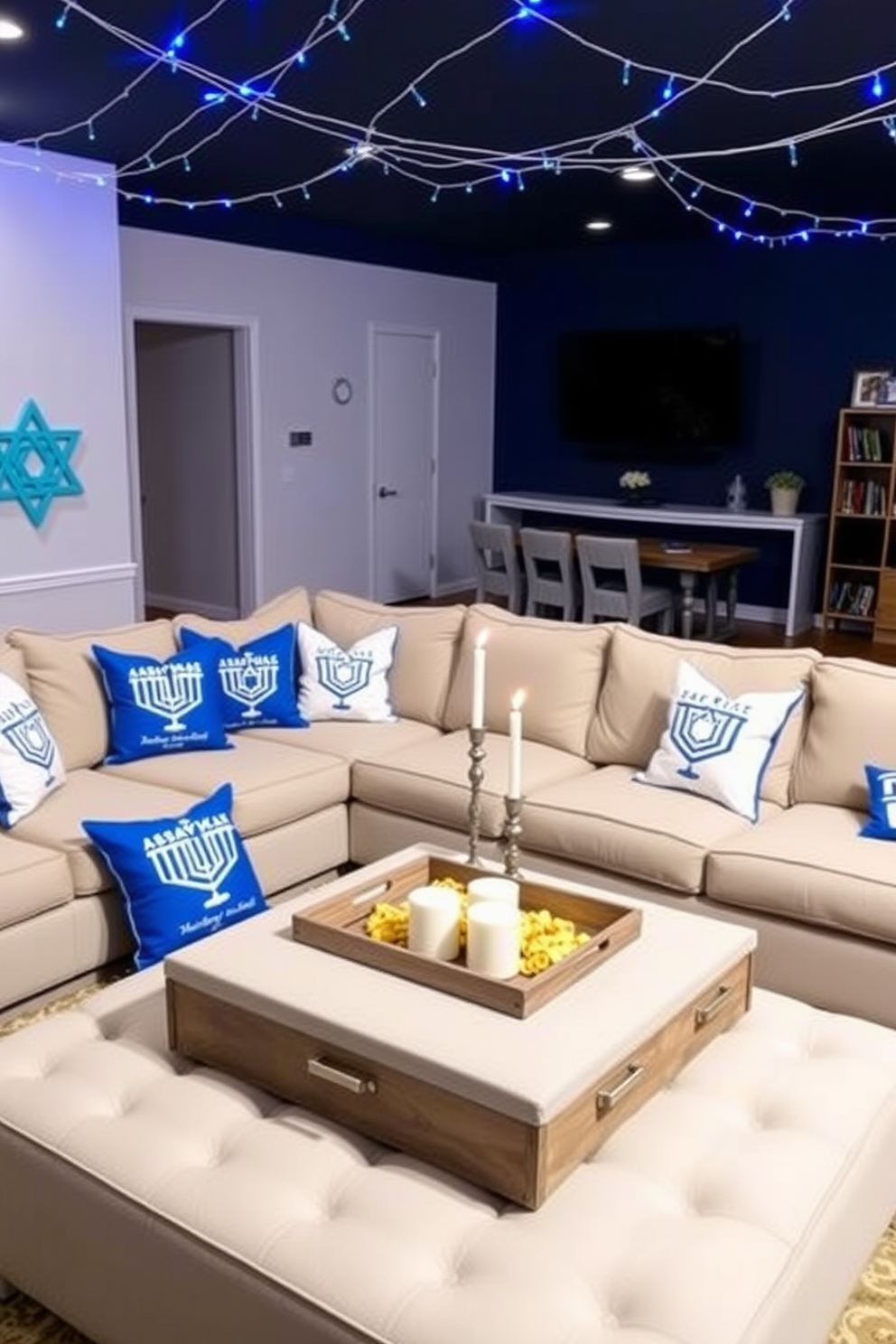 Create a cozy game room featuring Hanukkah-themed throw pillows on a comfortable sectional sofa. The pillows should display vibrant blue and white designs, including menorahs and dreidels, adding festive charm to the space. Incorporate a playful atmosphere with a large coffee table in the center, adorned with a decorative tray of snacks and a few candles. String lights in shades of blue and silver should hang across the ceiling, enhancing the holiday spirit.