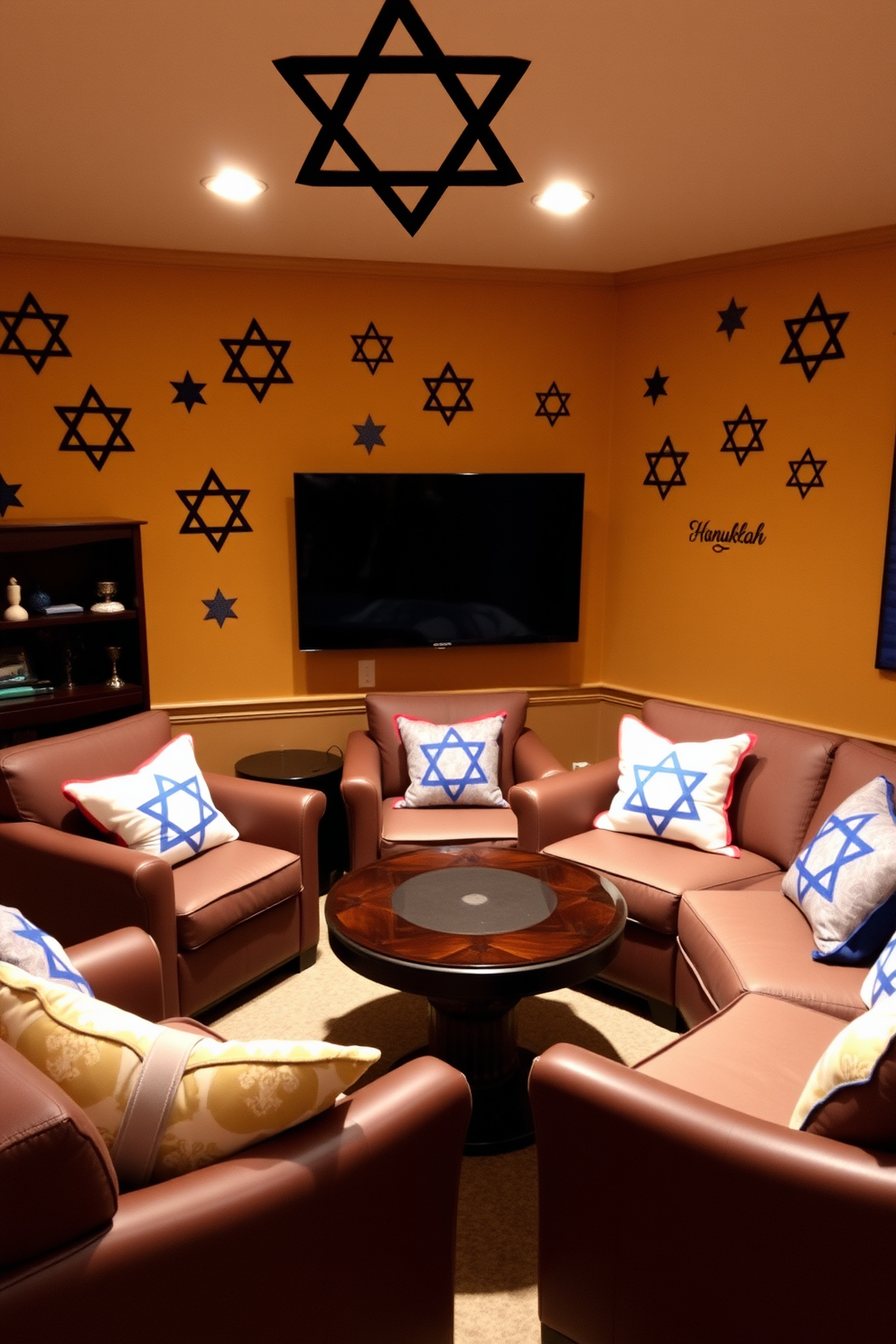 A cozy game room adorned with Star of David wall decals that create a festive ambiance. The walls are painted in a warm, inviting color, and the decals are strategically placed to enhance the holiday spirit. Comfortable seating is arranged around a central gaming table, with plush cushions featuring subtle Hanukkah motifs. Soft lighting illuminates the space, casting a gentle glow on the decorations and creating a welcoming atmosphere for gatherings.