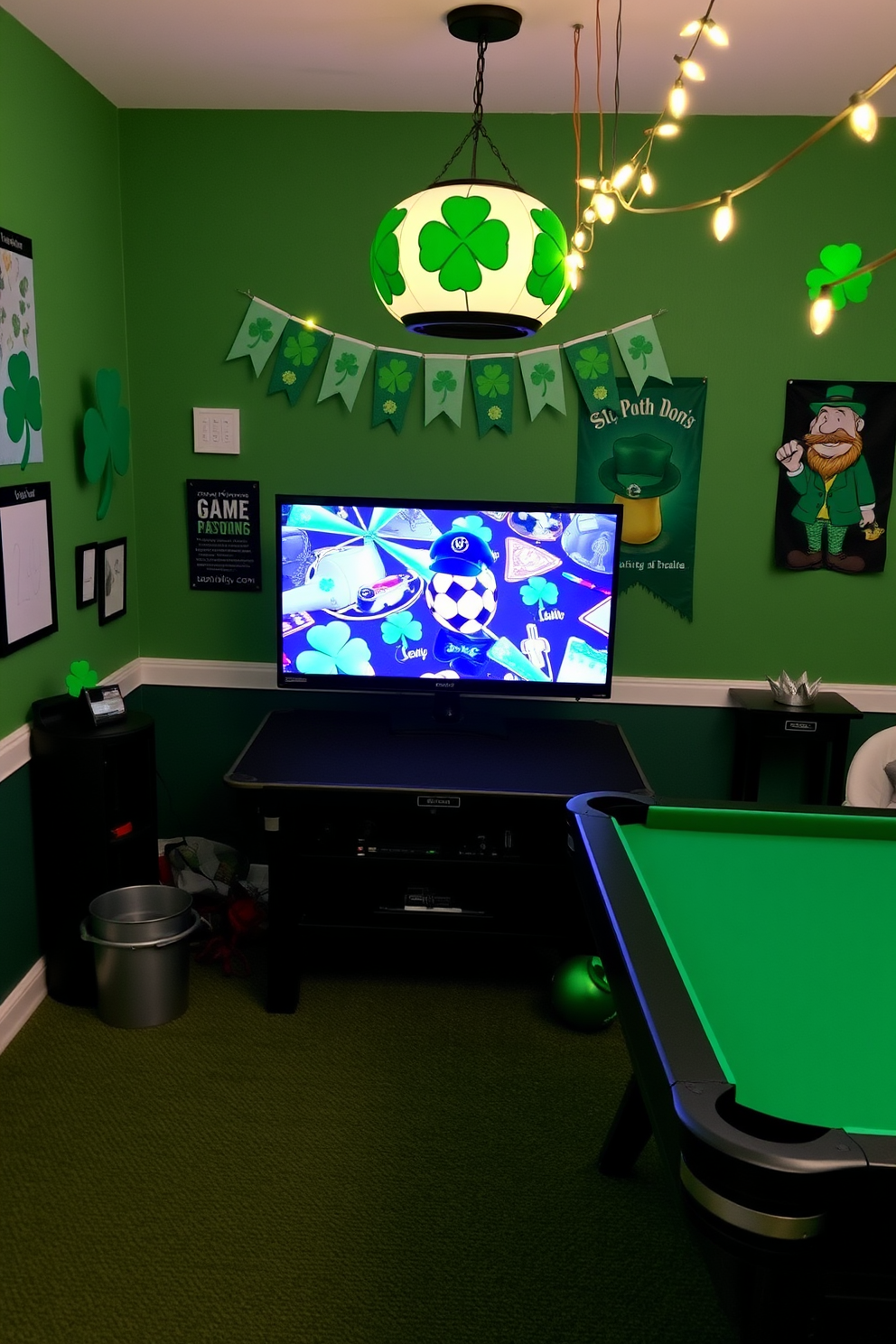 Create a vibrant game room decorated for St. Patrick's Day. The walls are adorned with green themed wall art featuring shamrocks and leprechauns, complemented by festive banners and string lights.