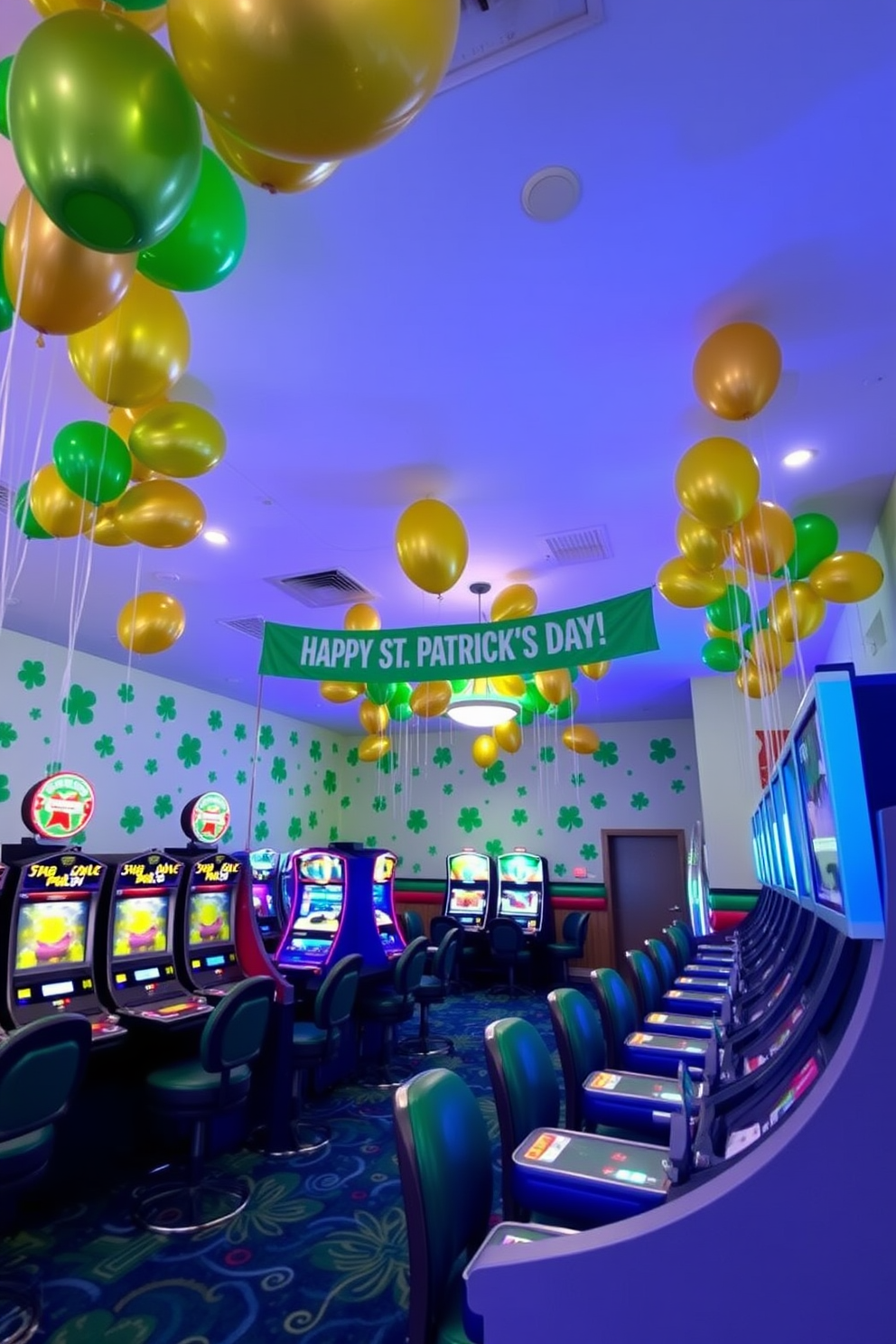 A vibrant game room adorned with festive green and gold balloons creates a lively atmosphere for St. Patrick's Day celebrations. The walls are decorated with playful shamrock patterns, and a large banner reading Happy St. Patrick's Day hangs above the gaming area.