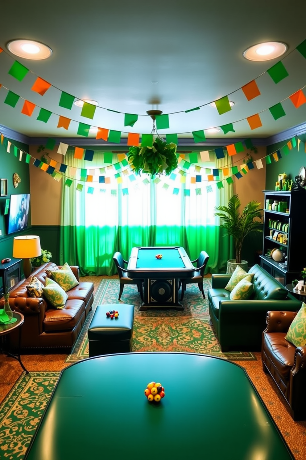 A vibrant game room decorated for St. Patrick's Day features Irish flag bunting draped elegantly around the walls. The space is filled with cozy seating, a large game table, and festive green and gold accents that create a cheerful atmosphere.