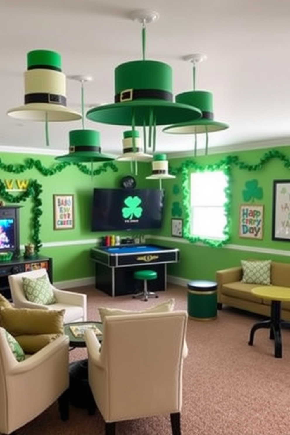 A vibrant game room adorned for St. Patrick's Day features a lively green color scheme with playful decorations. DIY leprechaun hat decorations hang from the ceiling, adding a whimsical touch to the festive atmosphere. The walls are adorned with cheerful shamrock garlands and playful wall art celebrating the holiday. A cozy seating area invites guests to relax and enjoy the spirited ambiance while playing games.