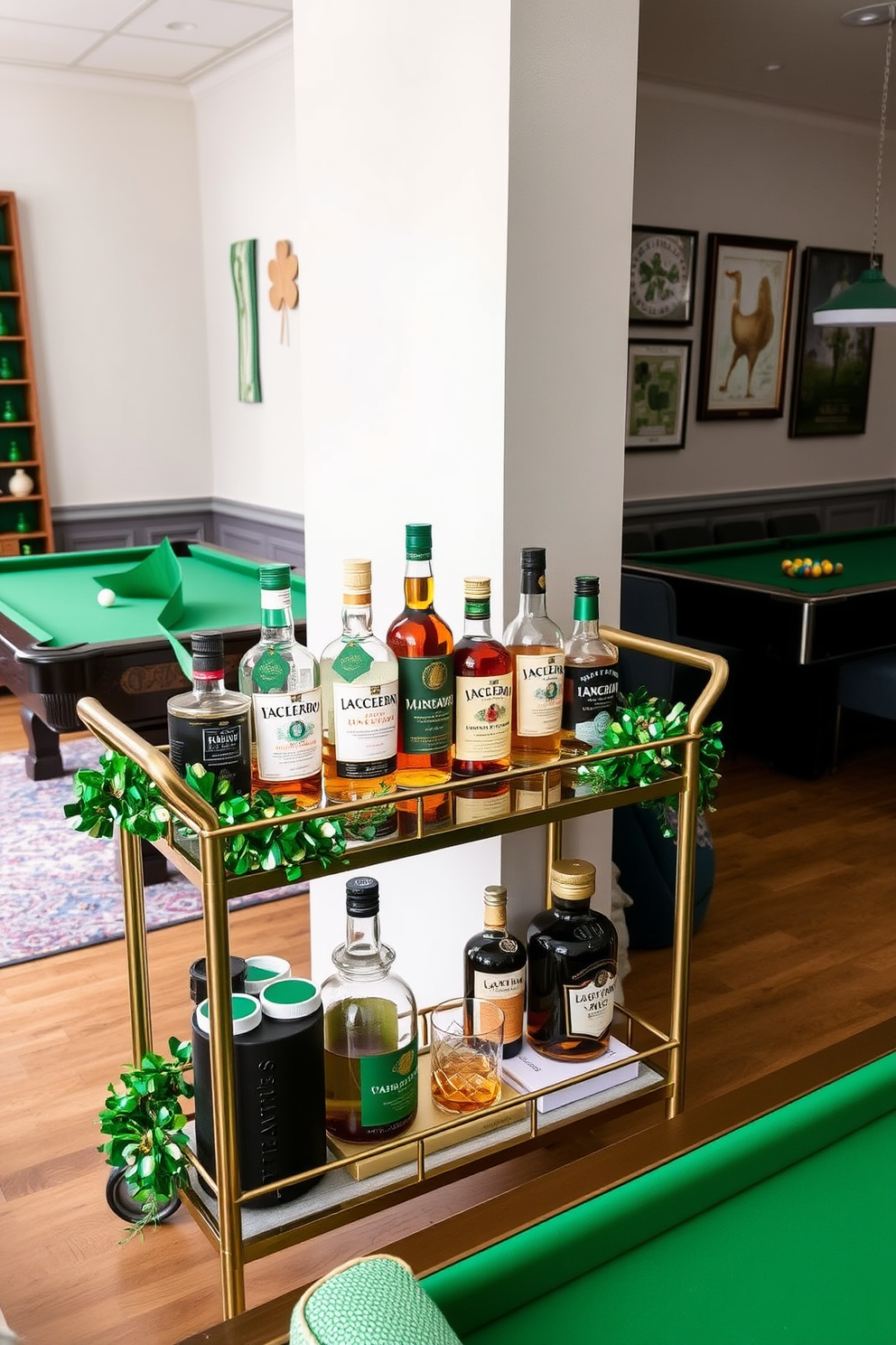 A stylish bar cart features a curated selection of premium Irish whiskeys displayed in elegant bottles. The cart is adorned with festive St. Patrick's Day decorations, including green and gold accents that create a lively atmosphere. The game room is designed for entertainment, featuring a pool table and comfortable seating arrangements. Wall art inspired by Irish culture adds a unique touch, enhancing the festive spirit of St. Patrick's Day.