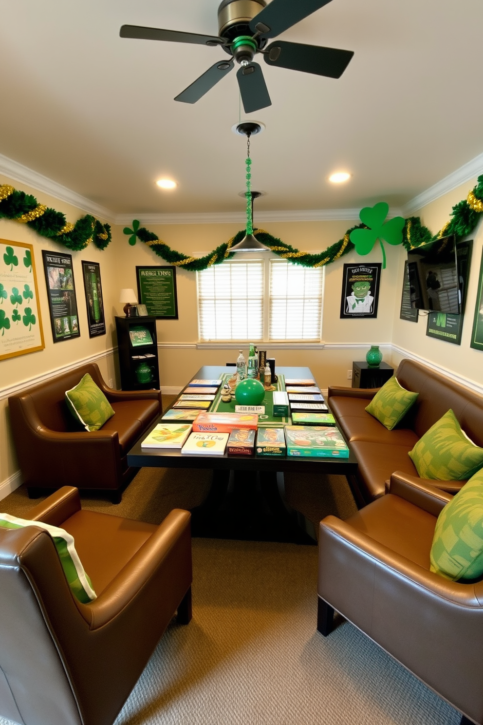 A vibrant game room adorned for St. Paddy's Day features green and gold decorations throughout. A large table is set up for a trivia game night, surrounded by comfortable seating and festive lighting. The walls are decorated with shamrock garlands and playful Irish-themed posters. A selection of board games and trivia cards is neatly arranged on the table, inviting guests to enjoy a night of fun and friendly competition.