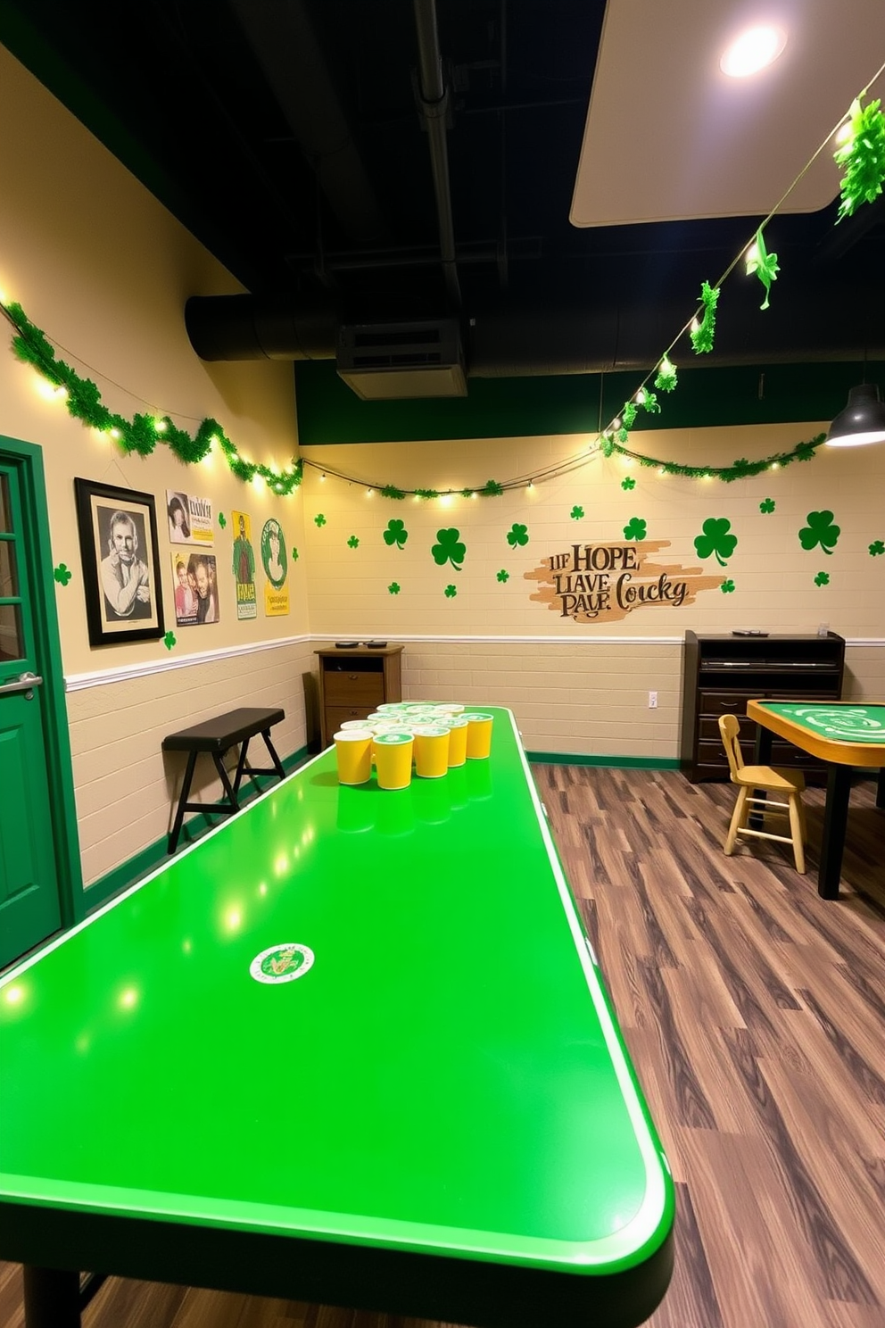 A lively game room is set up for St. Patrick's Day with a vibrant green beer pong table at the center. The walls are adorned with festive decorations, including shamrocks and string lights, creating a playful atmosphere.